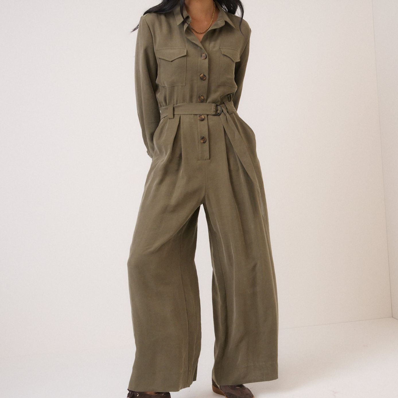 Khaki Twill Tie Waist Jumpsuit