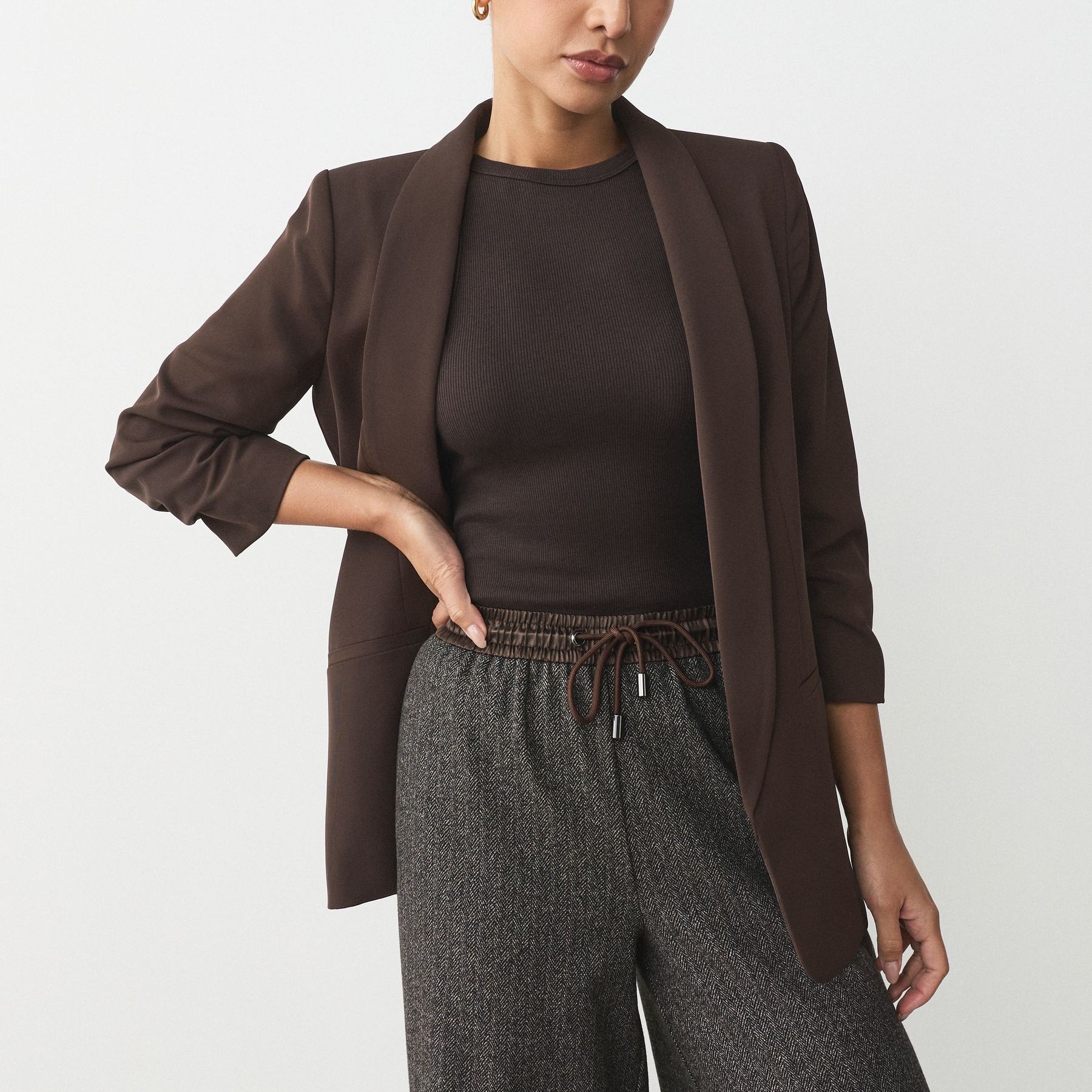 Chocolate Brown Relaxed Ruched Sleeve Blazer - Size 6