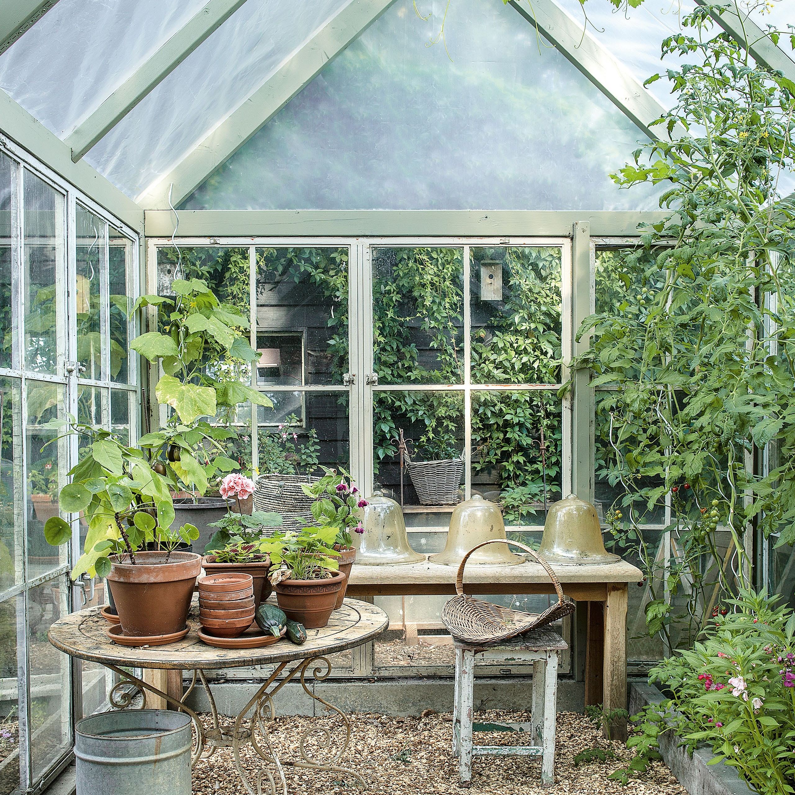 Greenhouse with green painted woodwork, potting table and terracotta pots