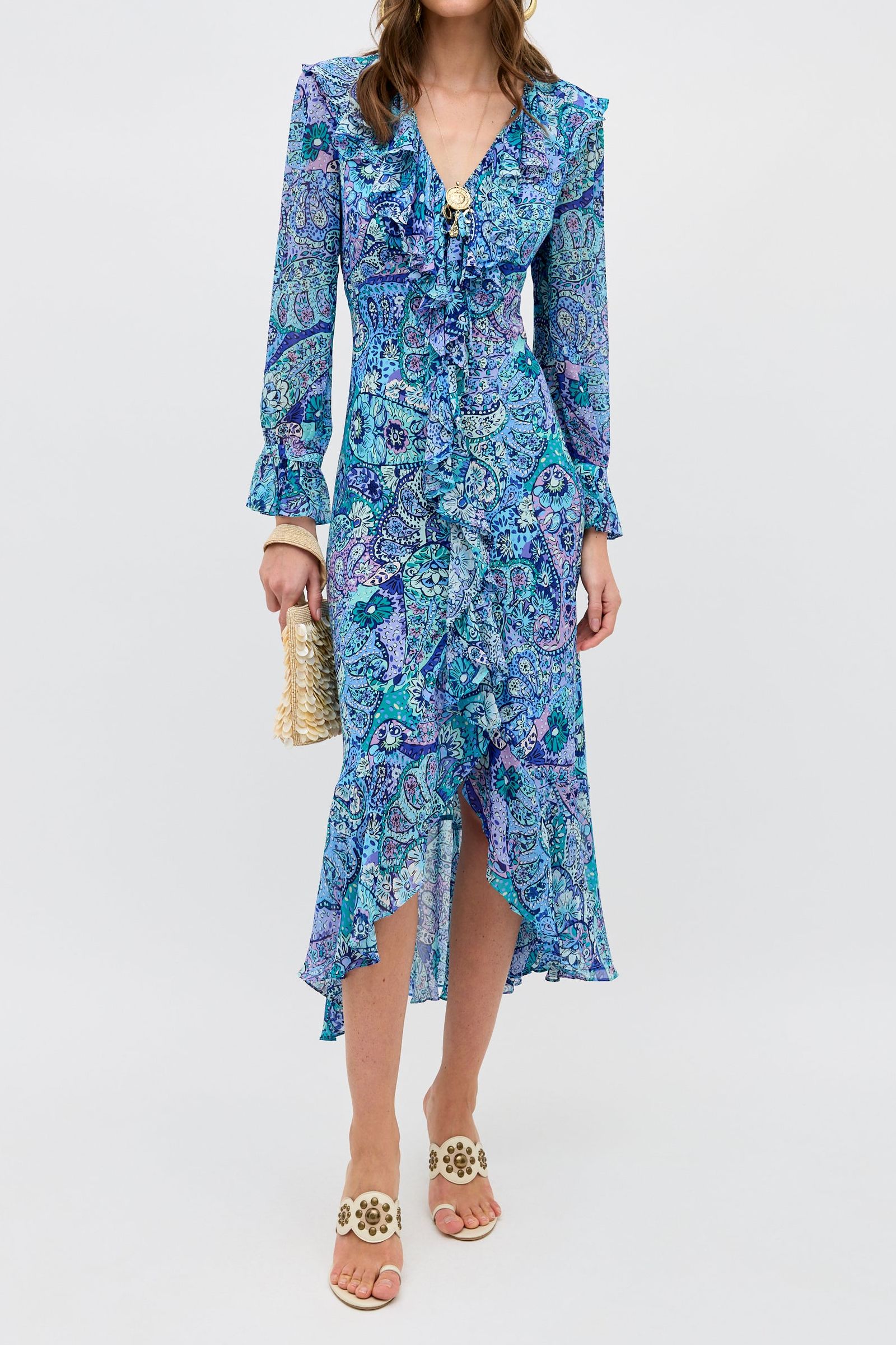 Grayce Silk Midi Dress in Paisley Floral Blue