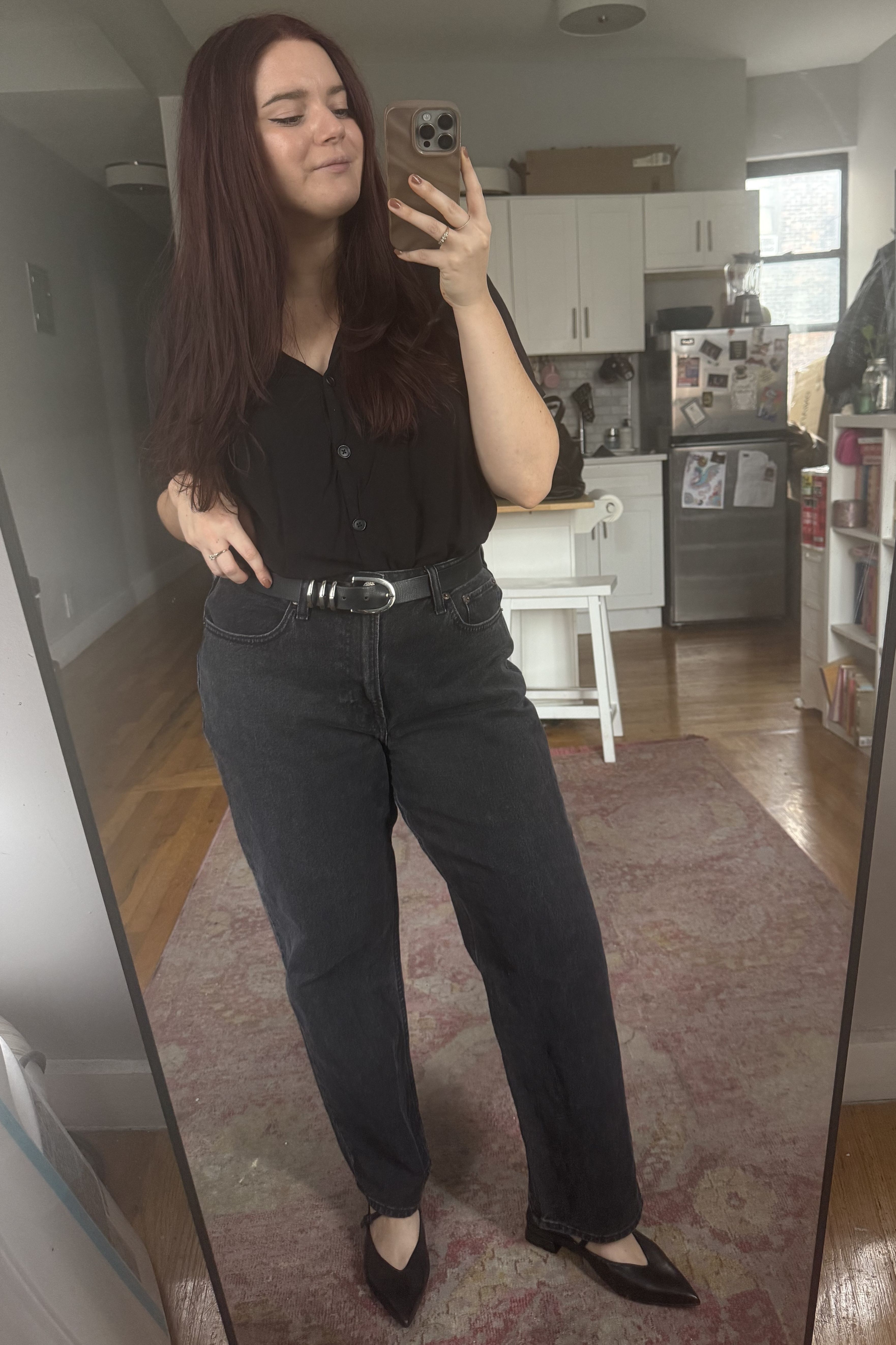 Brooke knappenberger poses in mirror while wearing Abercrombie &amp;amp; Fitch High Rise Vintage Straight Jean