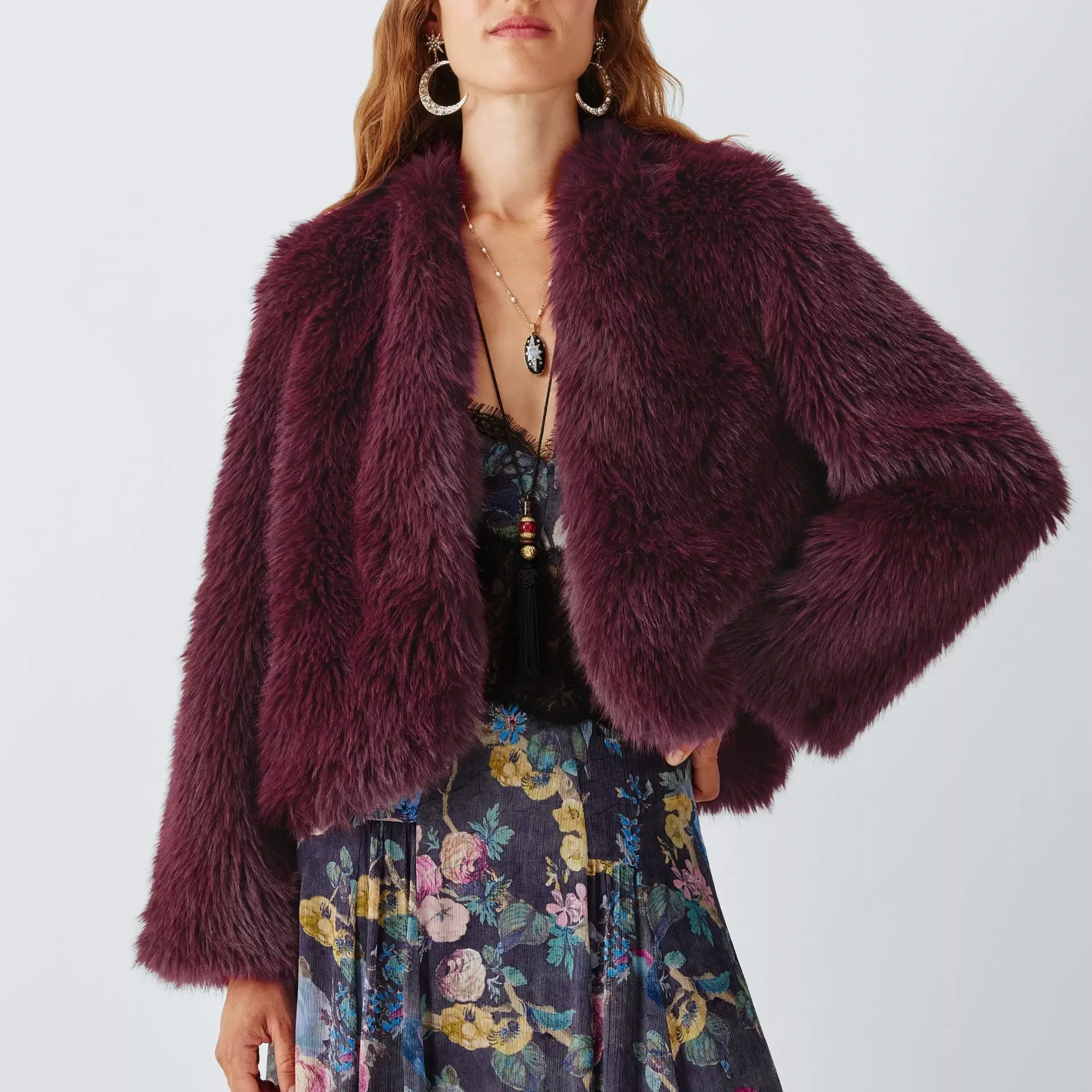 John Lewis X Rixo Peppi Faux Fur Jacket, Burgundy