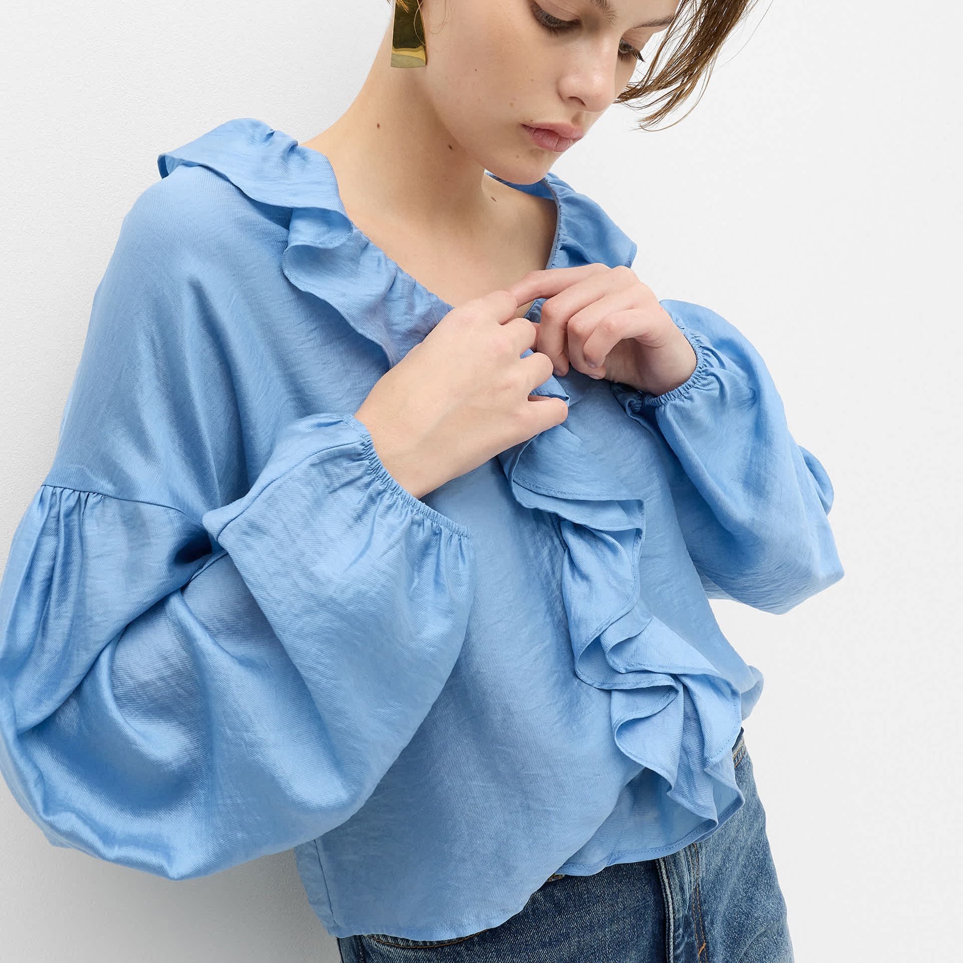Lyocell-Rich V-Neck Ruffle Detail Blouse