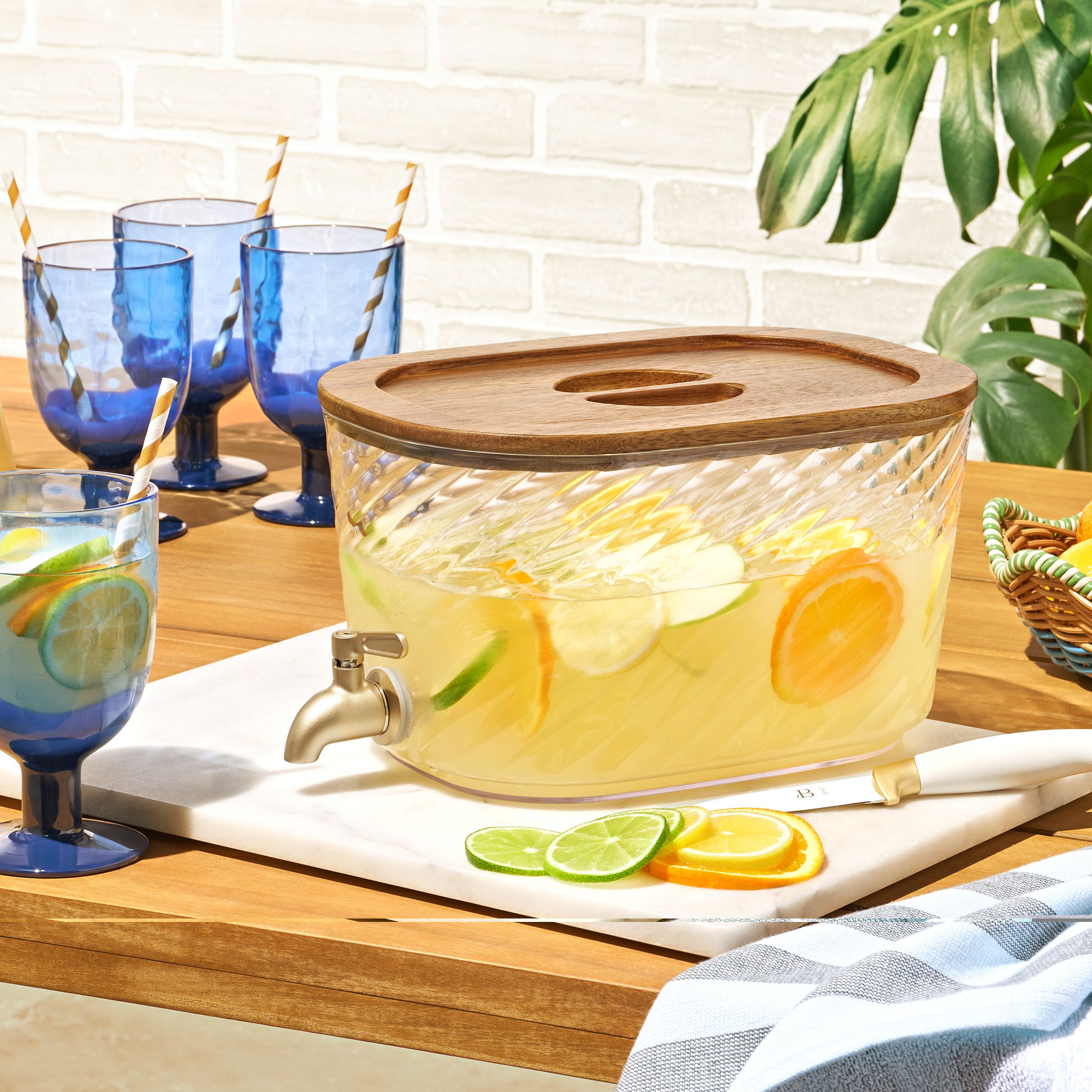 Beautiful 1.5-Gallon Acrylic Swirl Stackable Dispenser With Wood Lid, Clear by Drew Barrymore