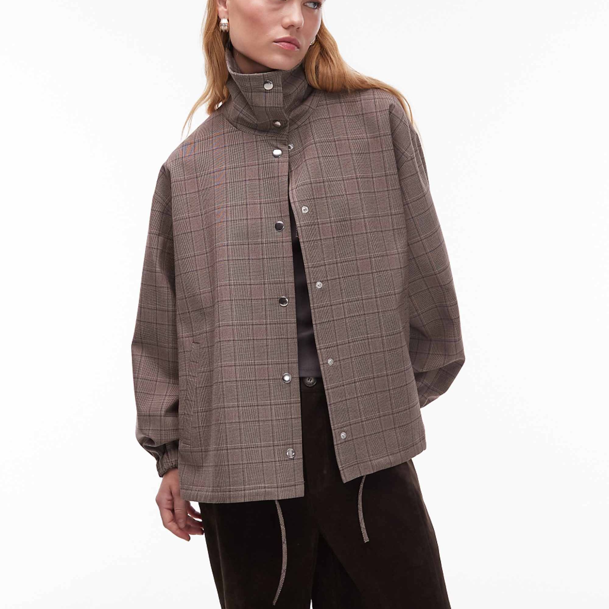 Asos Design Tailored Funnel Neck Jacket in Grey Check