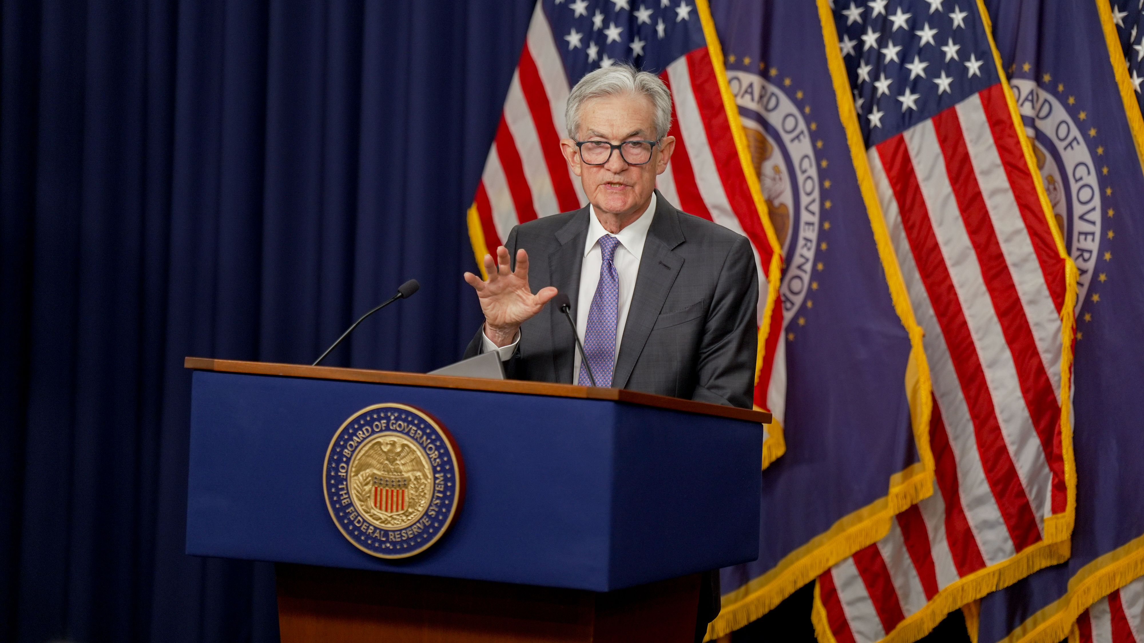 Jerome Powell speaking at a news conference following the December Federal Open Market Committee meeting.