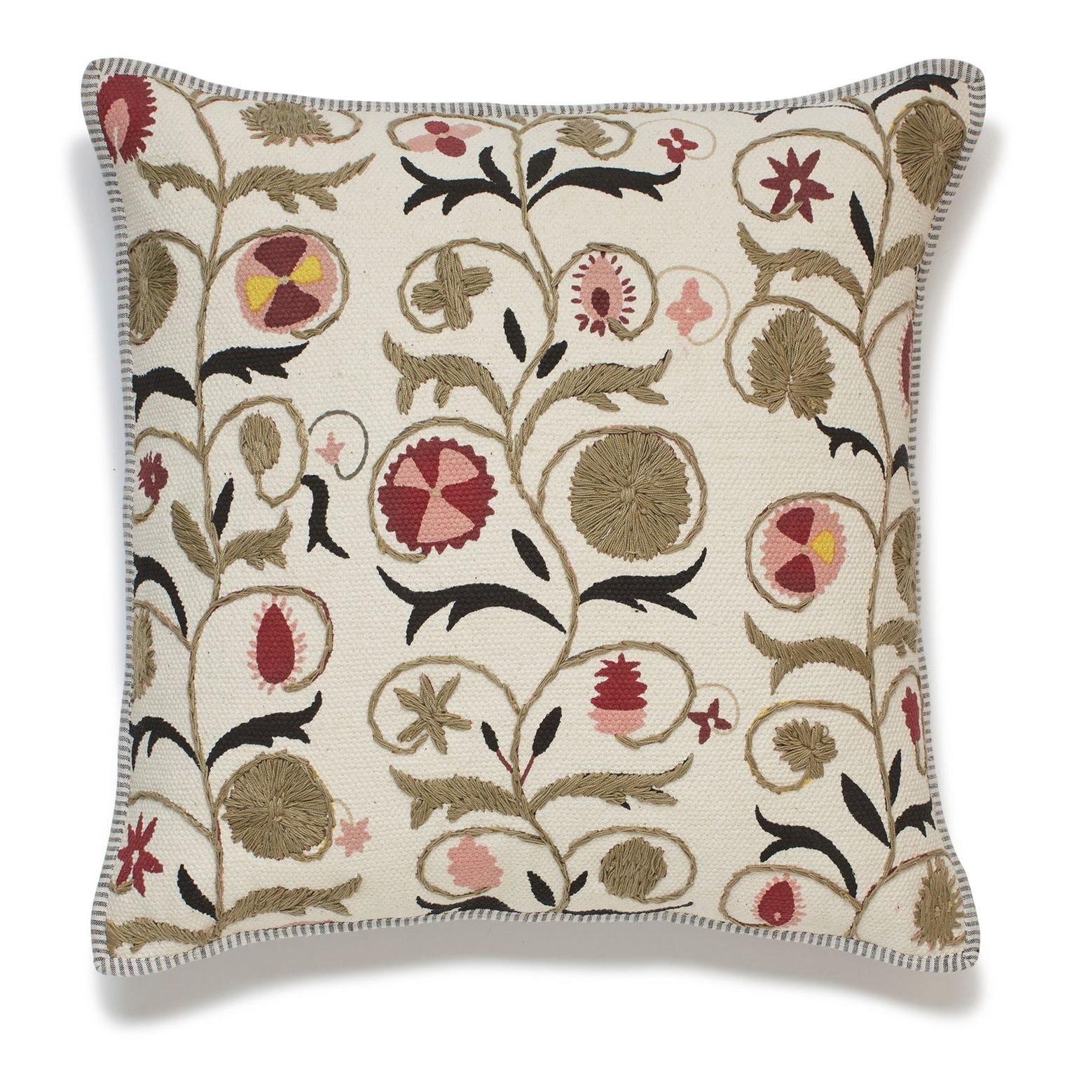 Sheki Embroidered Floral Cushion Cover - Olive Green