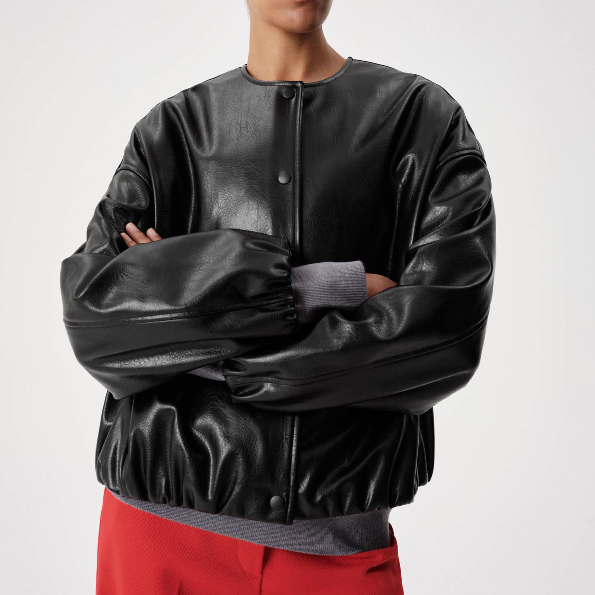 Faux Leather Bubble Hem Bomber Jacket