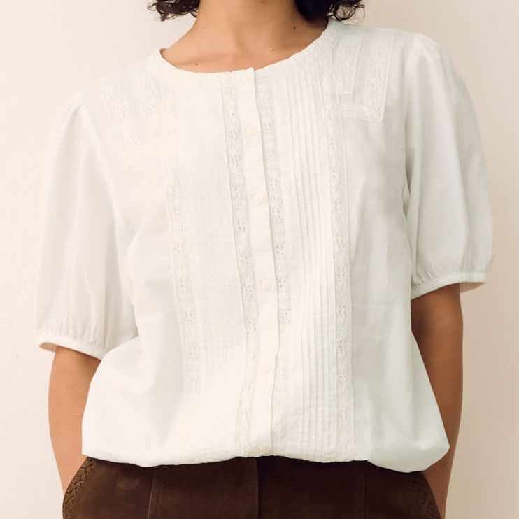 Pure Cotton Lace Insert Pintuck Blouse