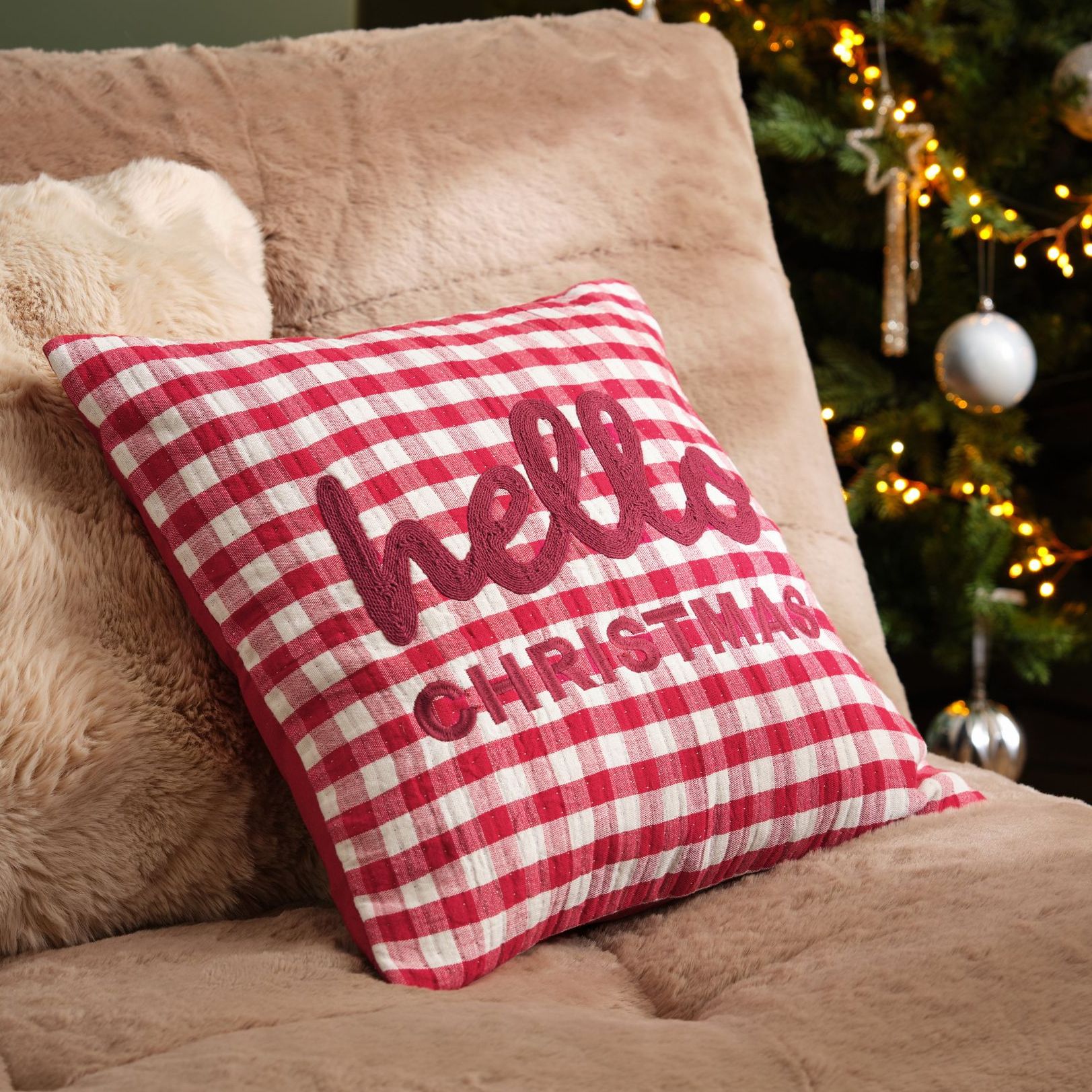 Embroidered Hello Christmas Gingham Cushion