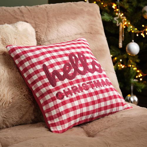 Embroidered Hello Christmas Gingham Cushion
