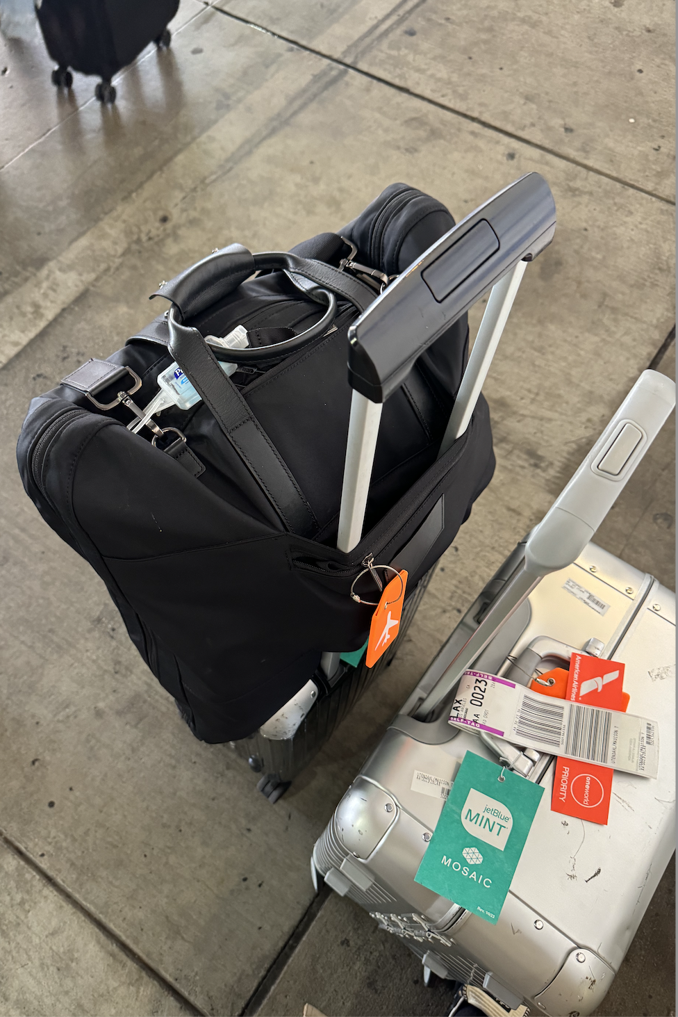 black Away garment bag on suitcase