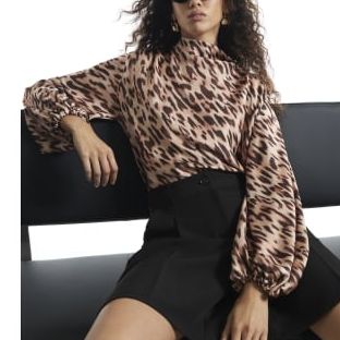 Beige Satin Cowl Neck Leopard Print Blouse