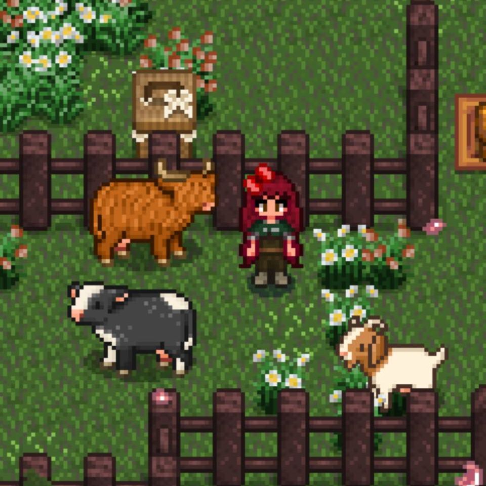 Stardew Valley animals modded to have a Highland Cow