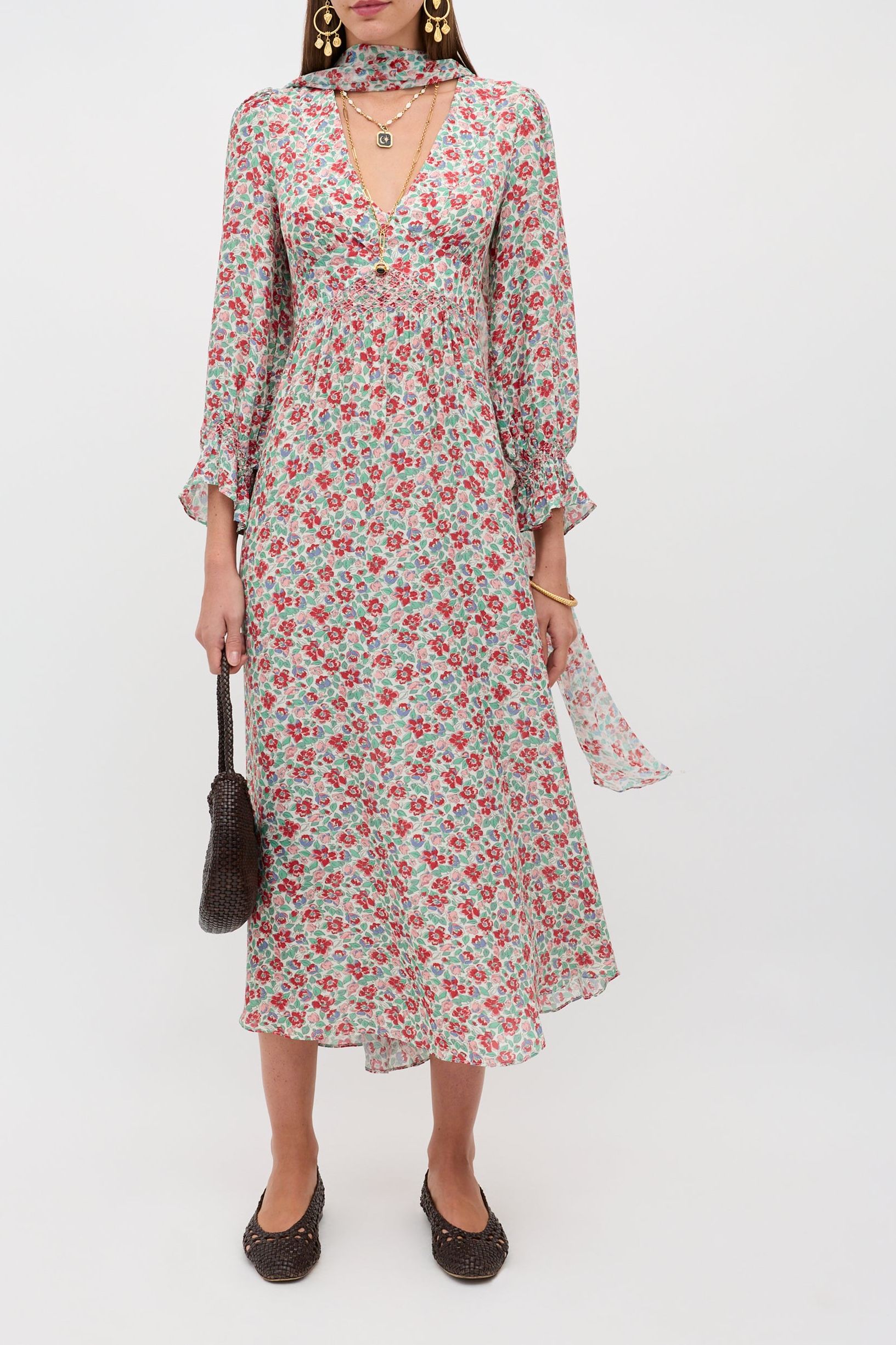 Mireta Midi Dress in Pink Jeannie Bloom Ivory