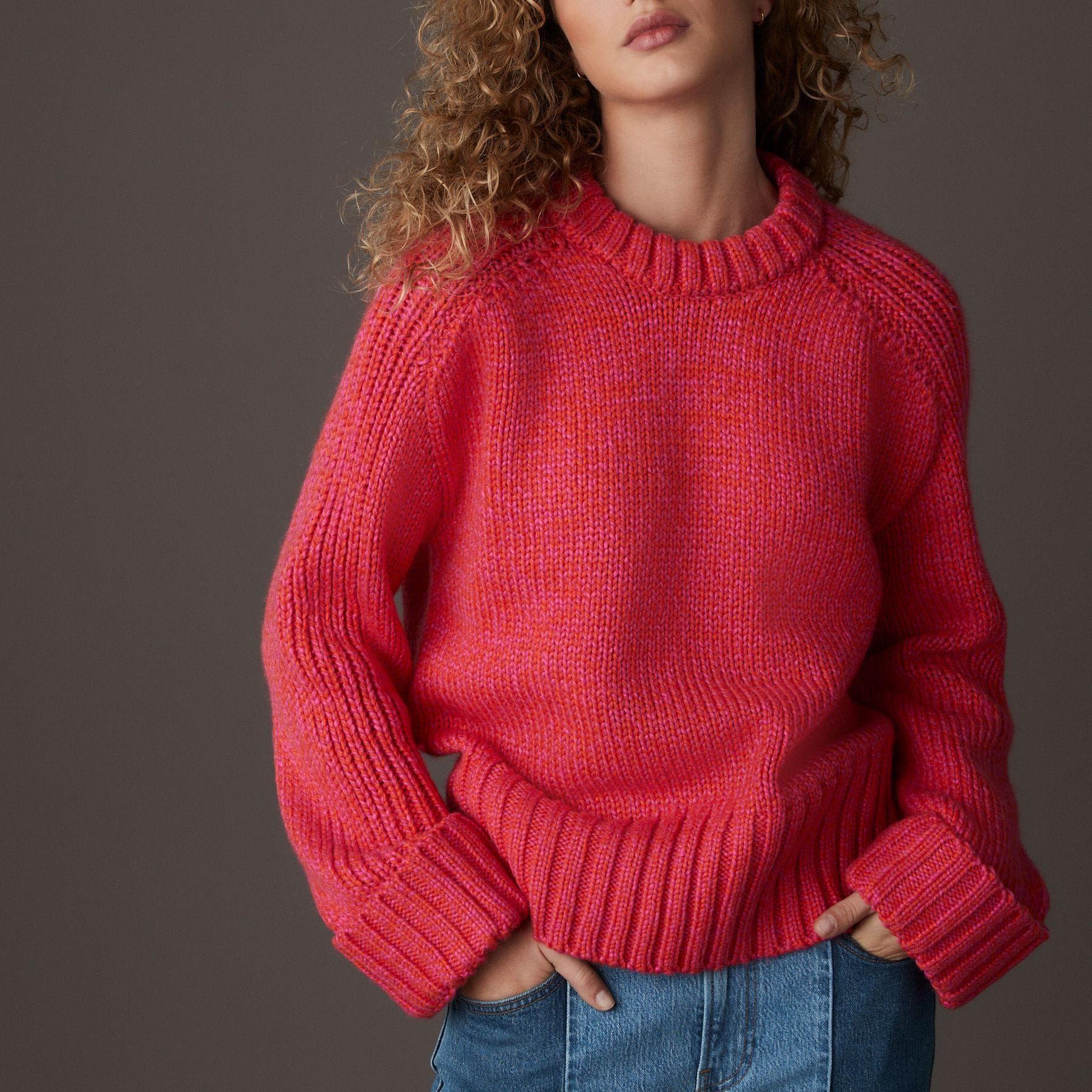 Pink Bright Chunky Cuff Sleeve Crew Neck Jumper With Wool