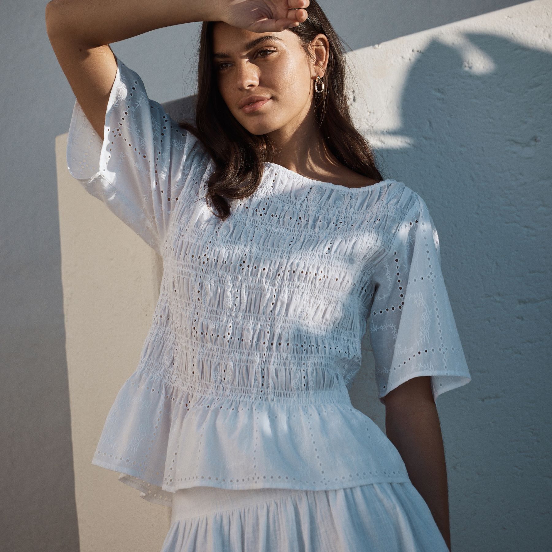 White Broderie Smocked Slash Neck Short Sleeve Top