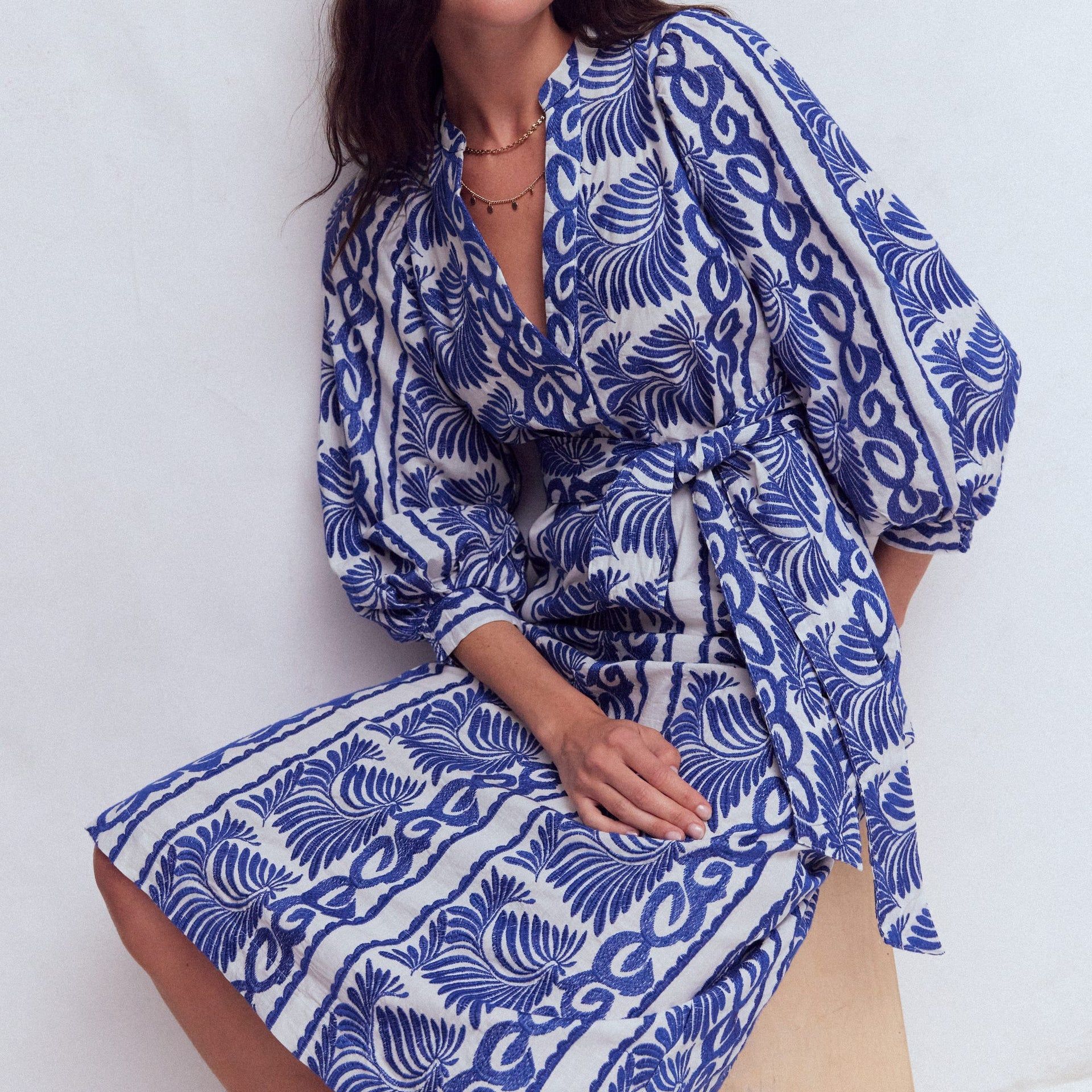 Octavia Cotton Dress-Blue Ivory Embroidery