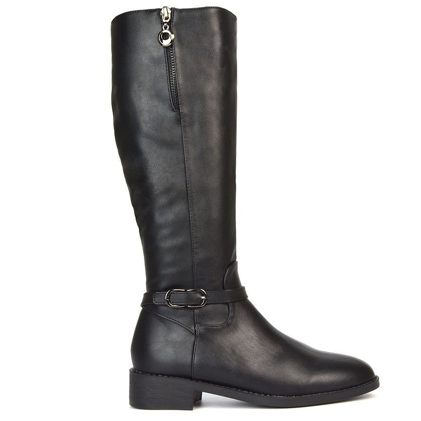 &#039;georgina&#039; Knee High Boots Low Heel Zip Up Calf Riding Biker With Ankle Strap