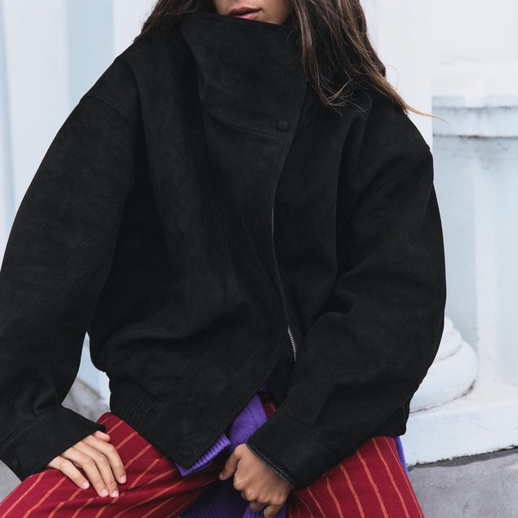 Faux Suede Bomber Jacket - Black - Xs