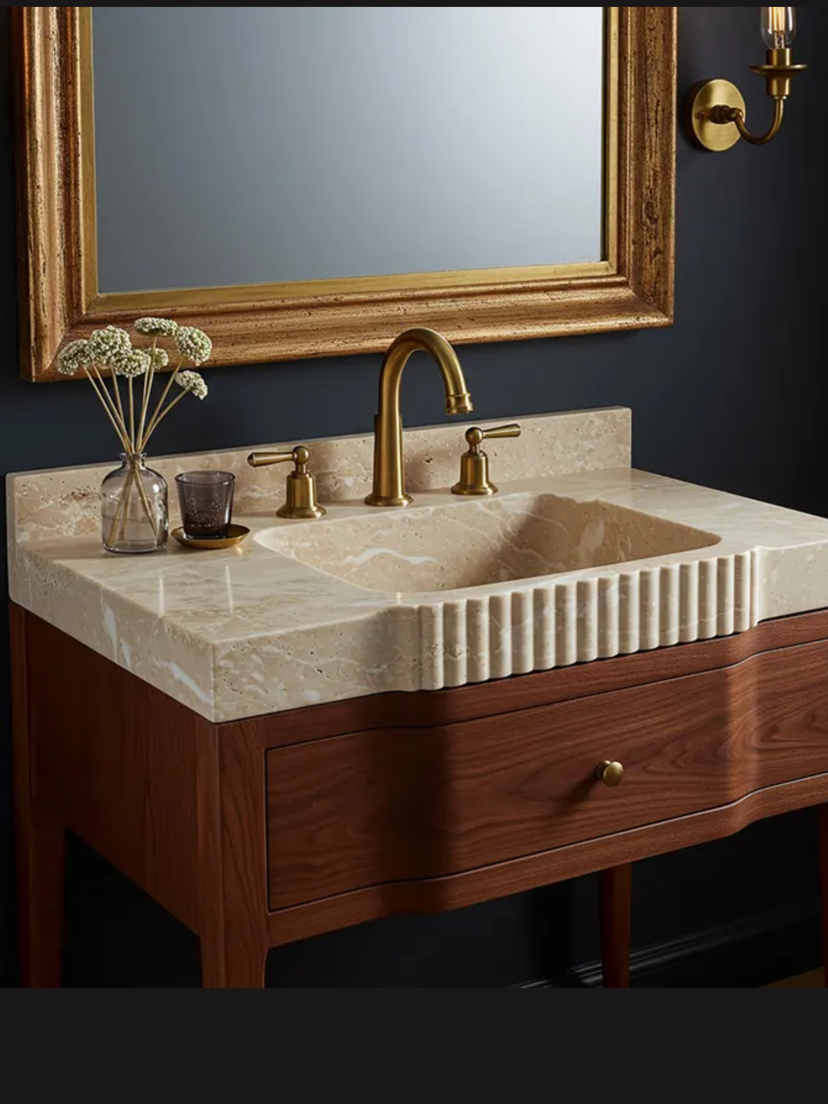 Travertine Marble Sink With Walnut Vanity &amp;ndash; Fluted Bathroom Vanity, Custom Stone Vessel Sink, Modern Luxury Bathroom Decor M5f55