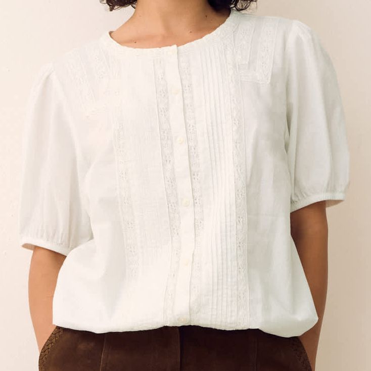 Pure Cotton Lace Insert Pintuck Blouse