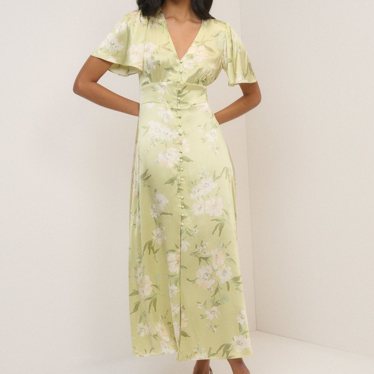 Sage Green Floral Satin Erin Maxi Dress
