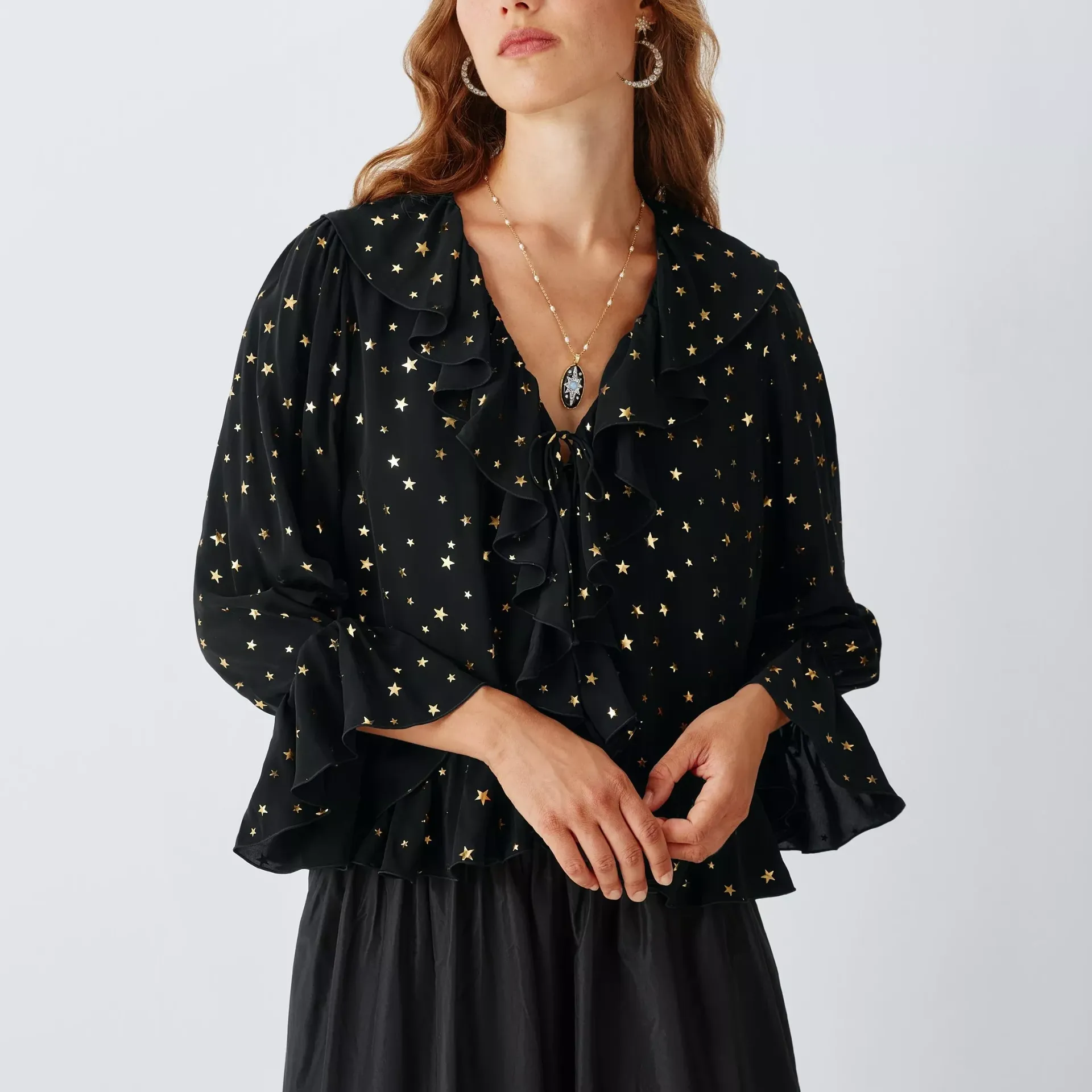 John Lewis X Rixo Tracye Star Print Ruffle Detail Blouse, Black/multi