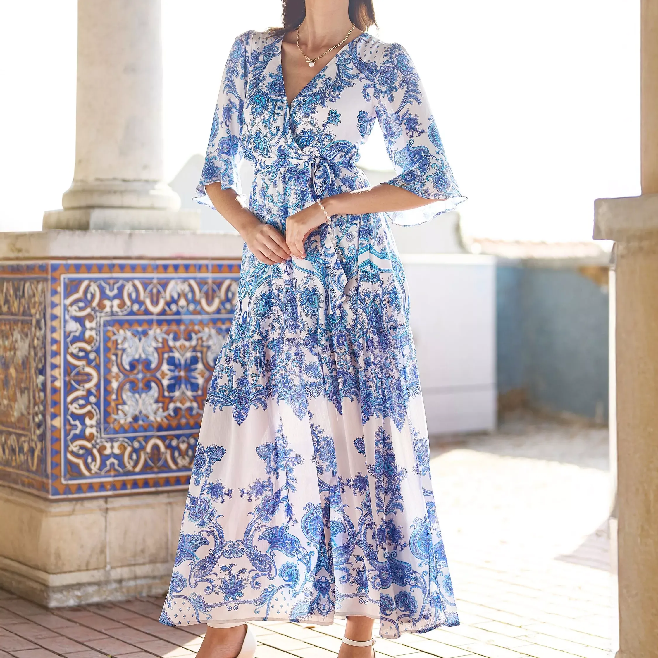Yumi Paisley Wrap Midi Dress, Blue