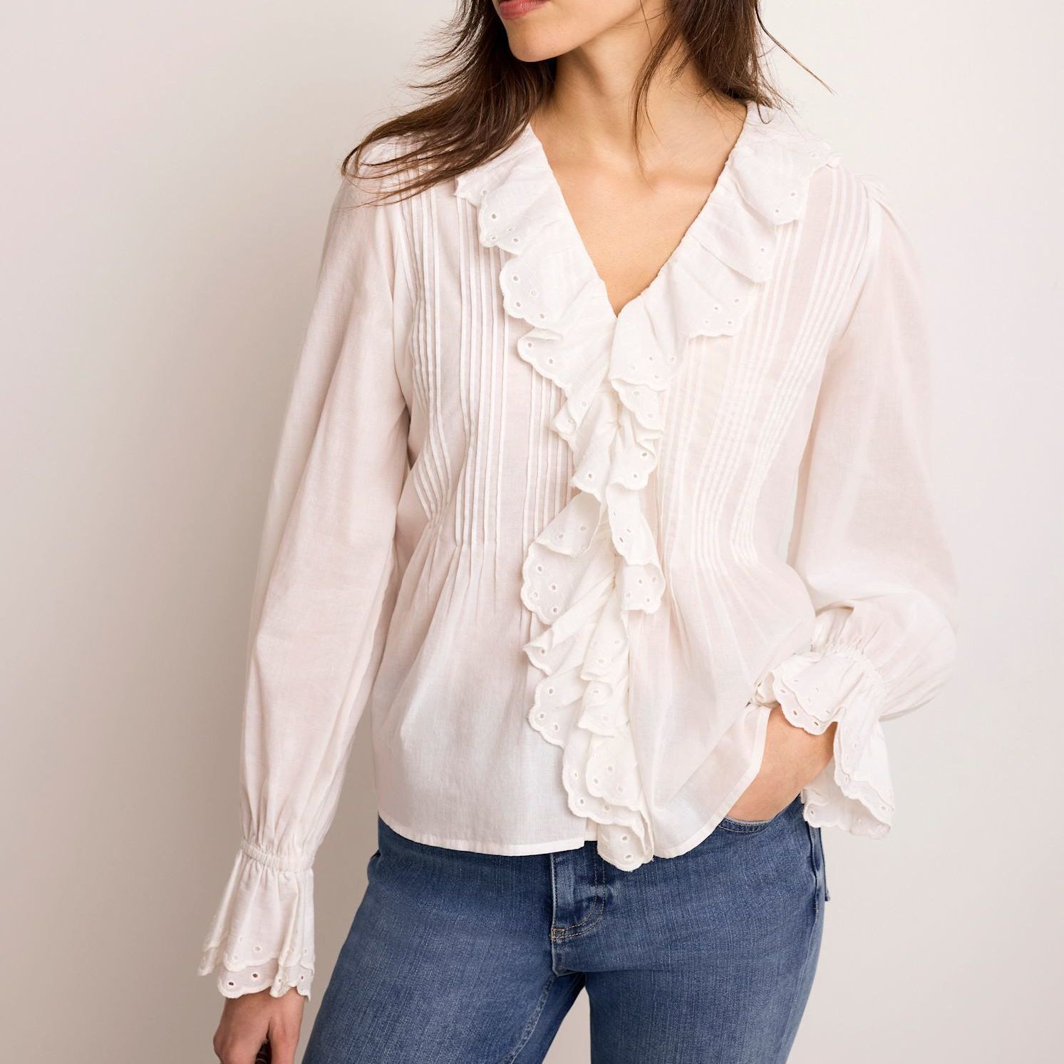 White Cotton Ruffle Trim Blouse