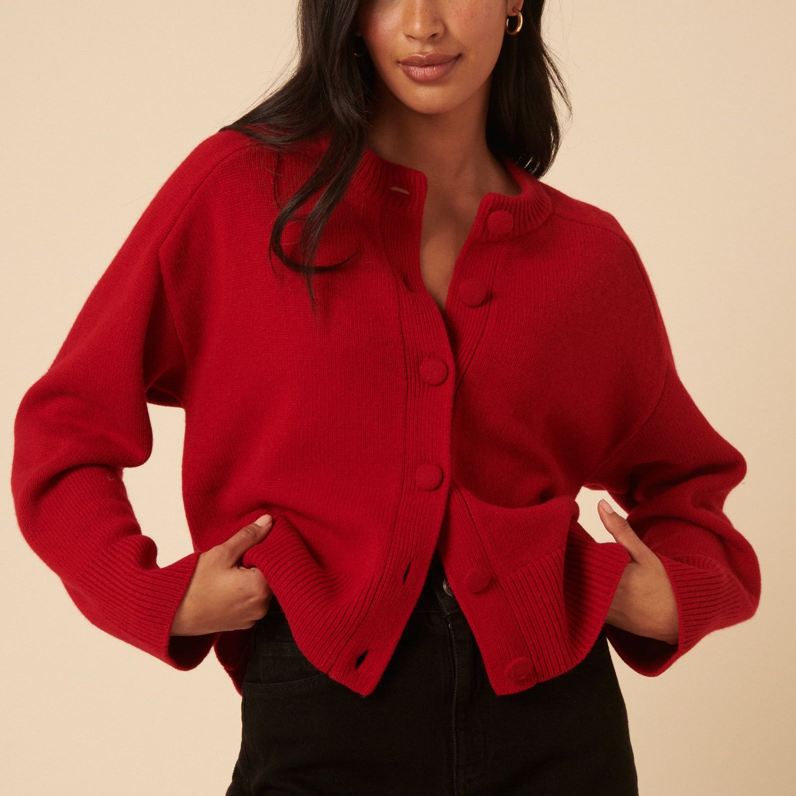 Red Wool Crew Neck Cardigan