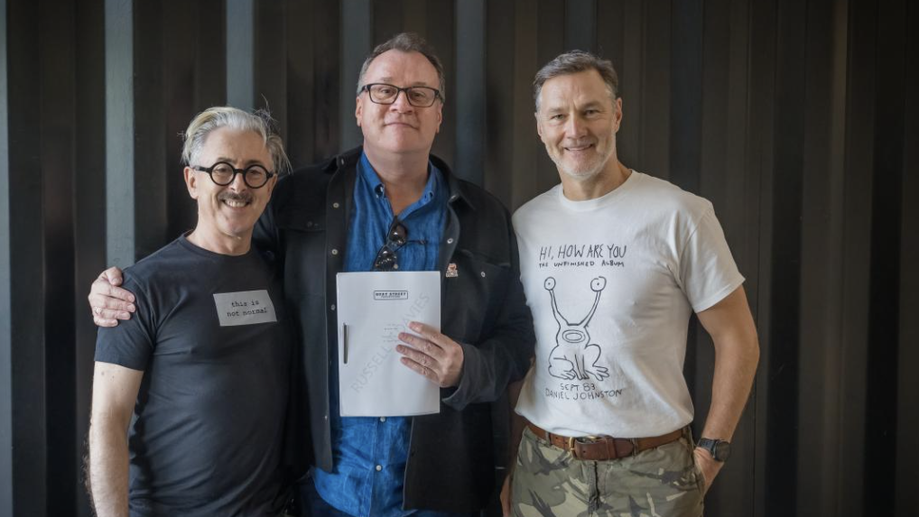 an image of Alan Cumming, Russell T Davies, and David Morrissey after the read through of Tip Toe