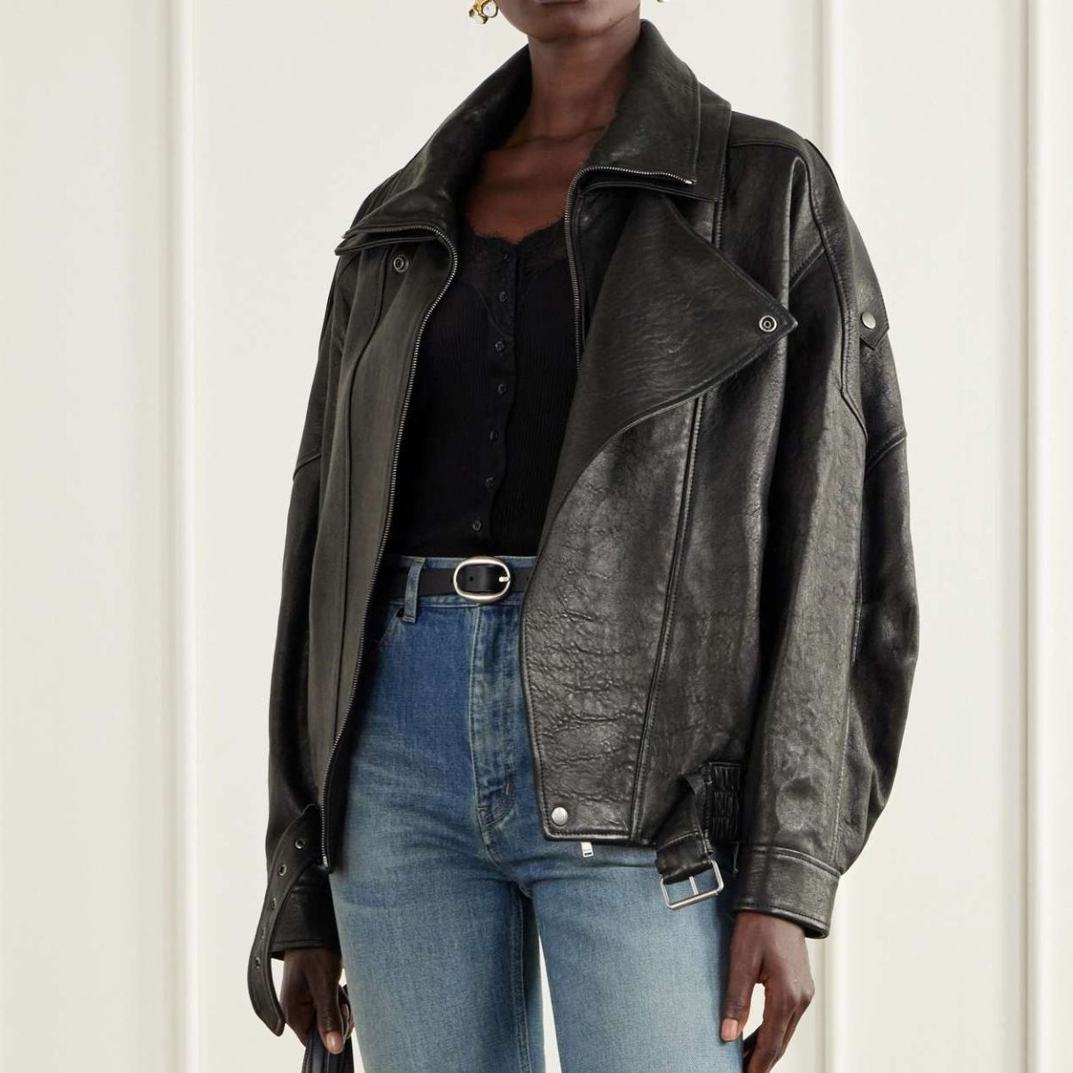 Oversized Textured-Leather Jacket