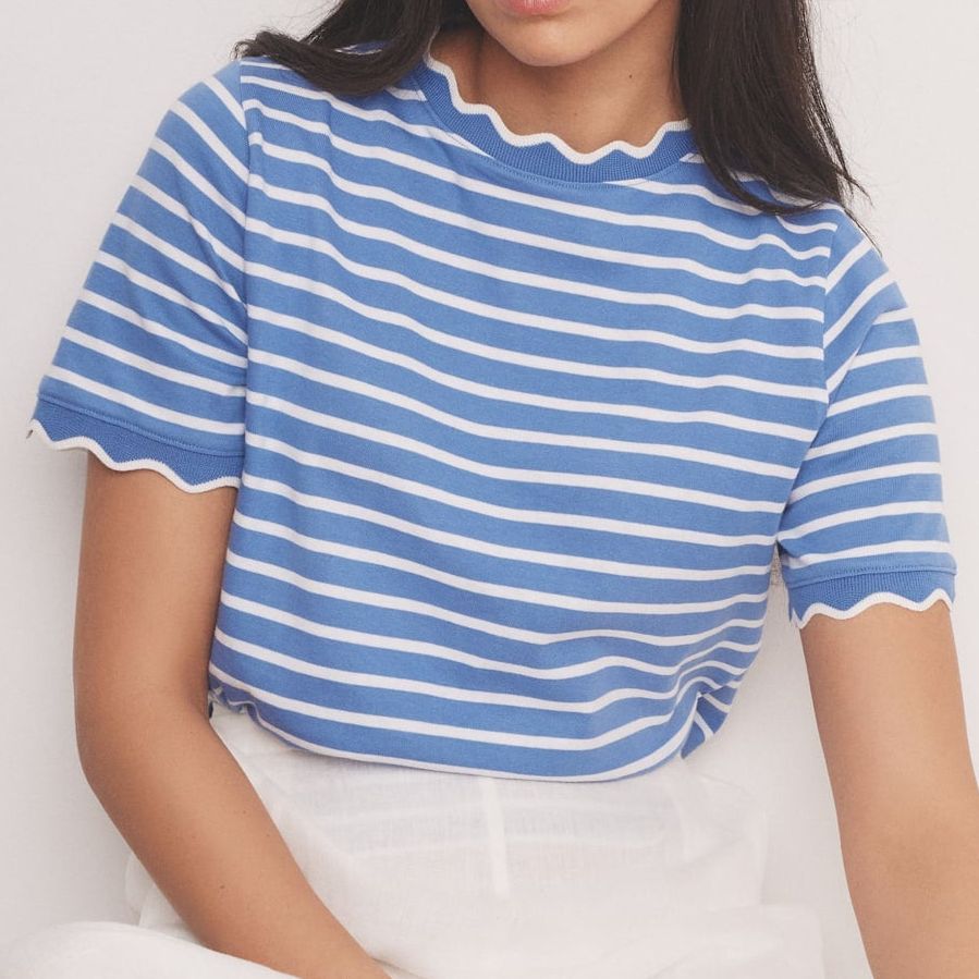 Blue Cotton Striped Scallop T-Shirt
