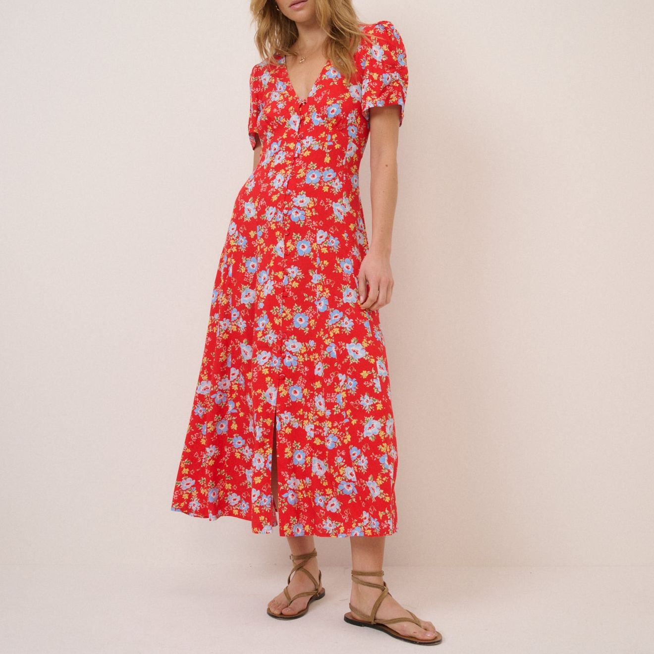 Red Floral Bonnie Midi Dress