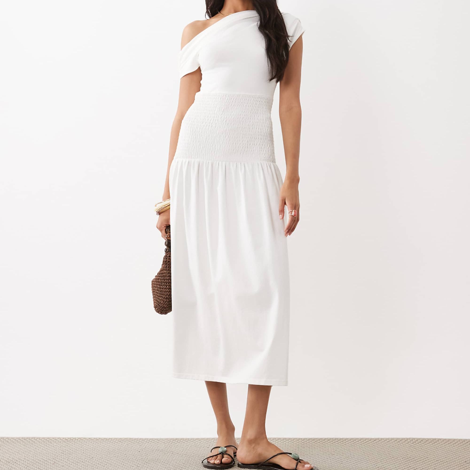 The Frolic Exclusive Jersey Shirred Waistband Off Shoulder Midi Dress in White