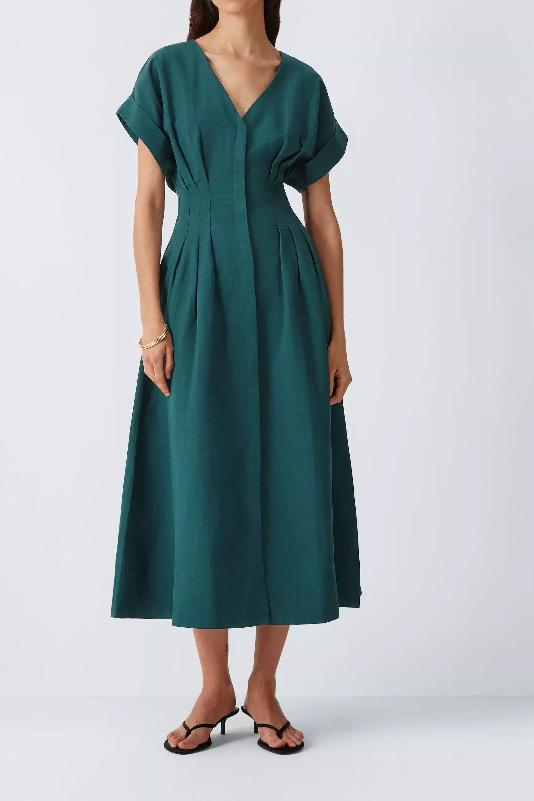 John Lewis Tuck Detail Short Sleeve Cotton Midi Dress, Teal