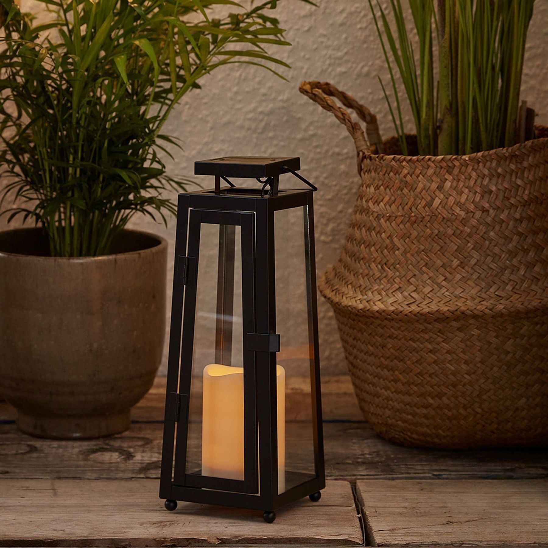 Lights4fun Solar Powered Black Metal Garden Candle Outdoor Lantern - Size One