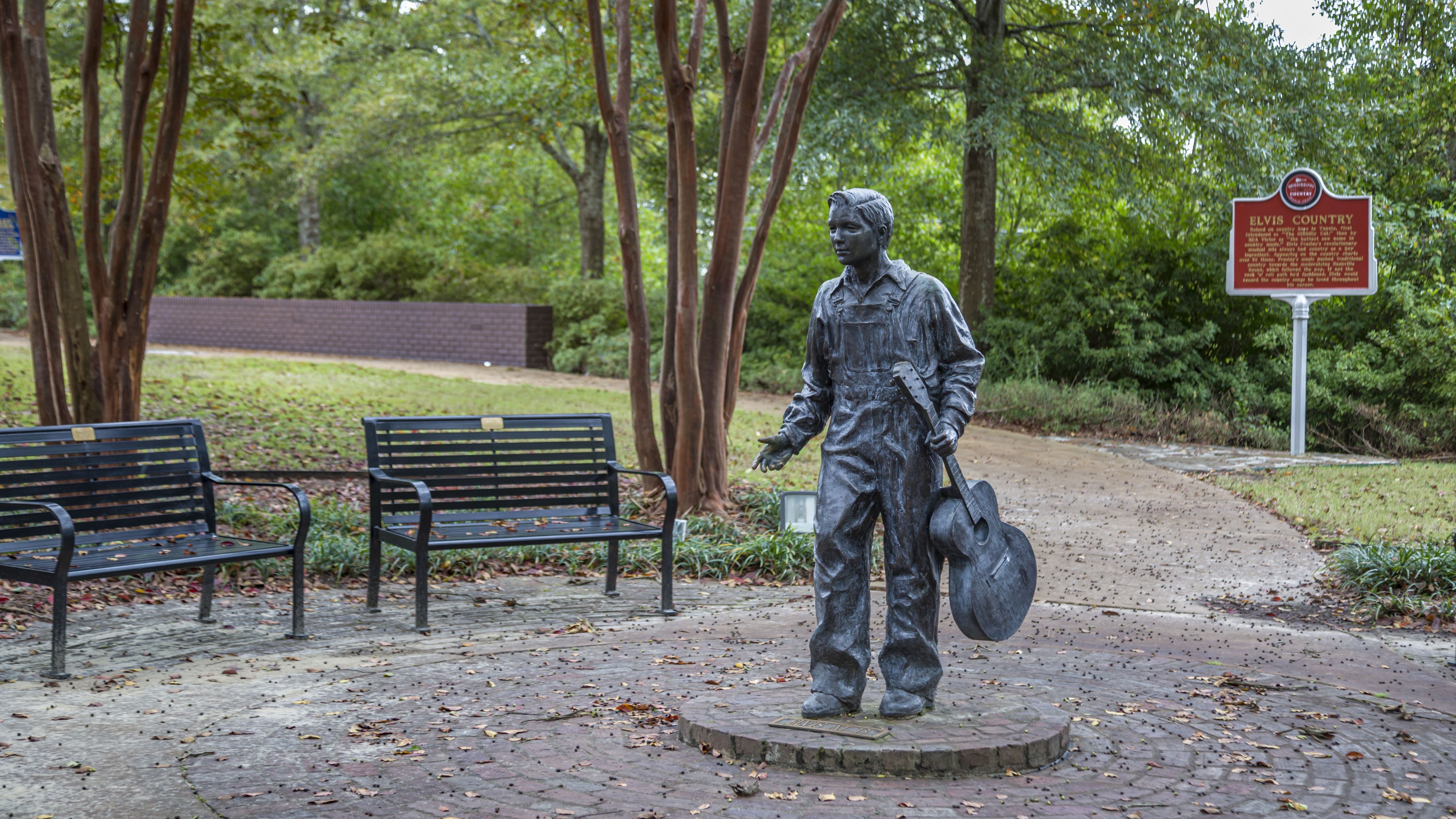 A statue of 13-year-old Elvis Presley in a park in Tupelo, Mississippi