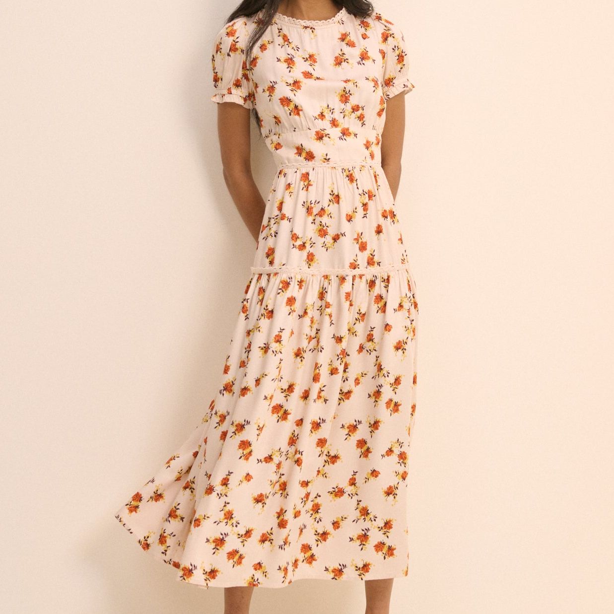 Cream Ditsy Floral Tiered Dara Midi Dress