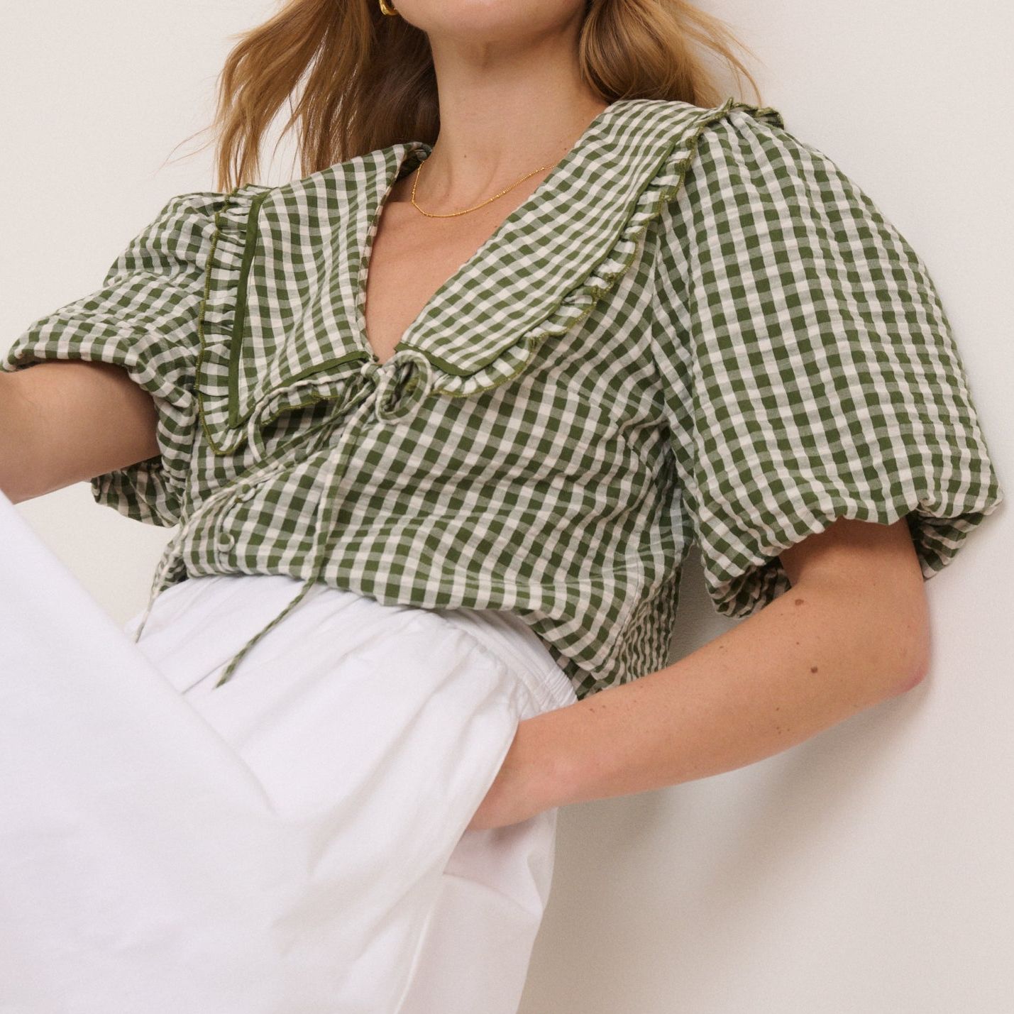 Green Gingham Ruffle Collar Blouse