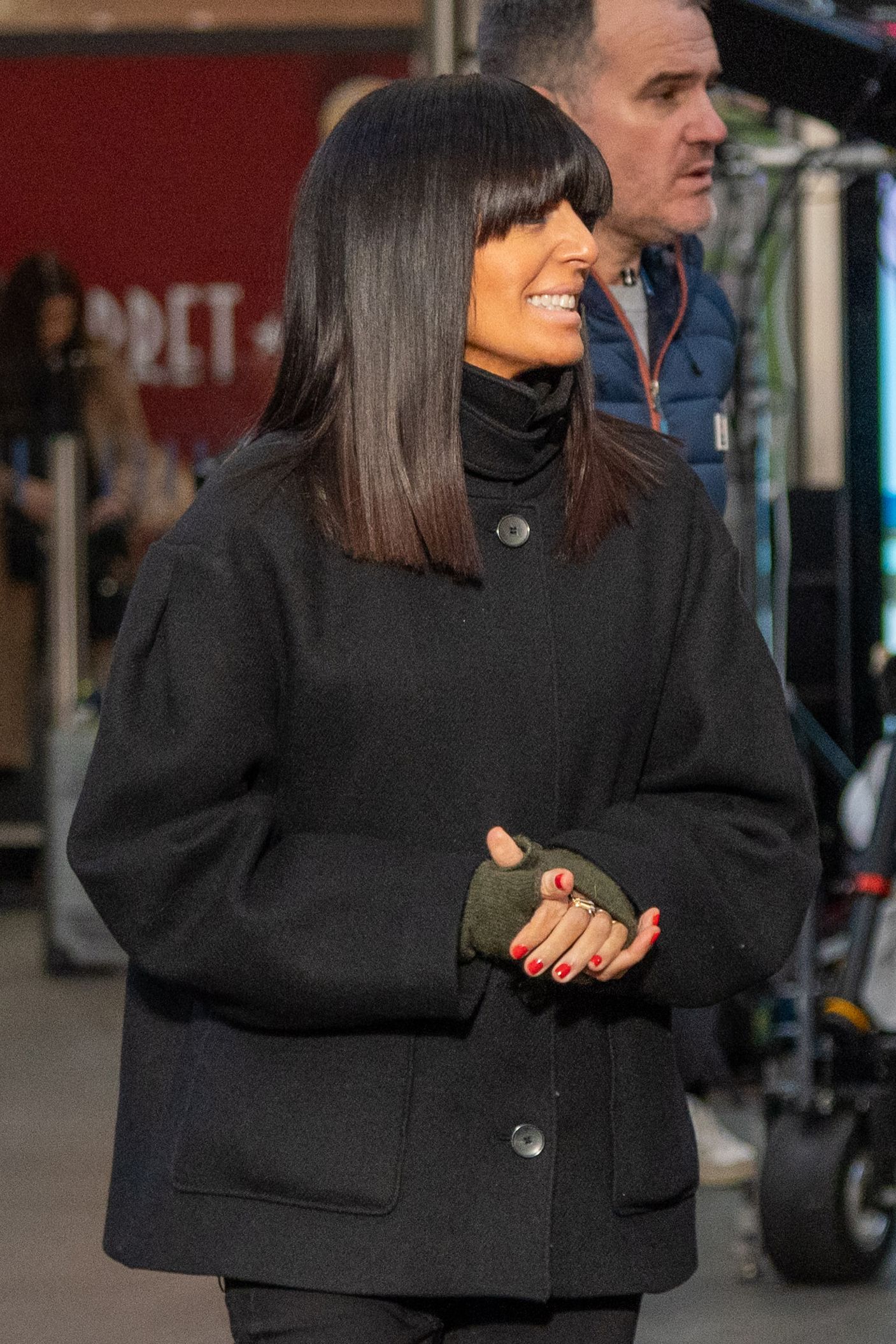 Claudia Winkleman wearing affordable Zara coat while filming 'The Piano' on January 16, 2026 in London