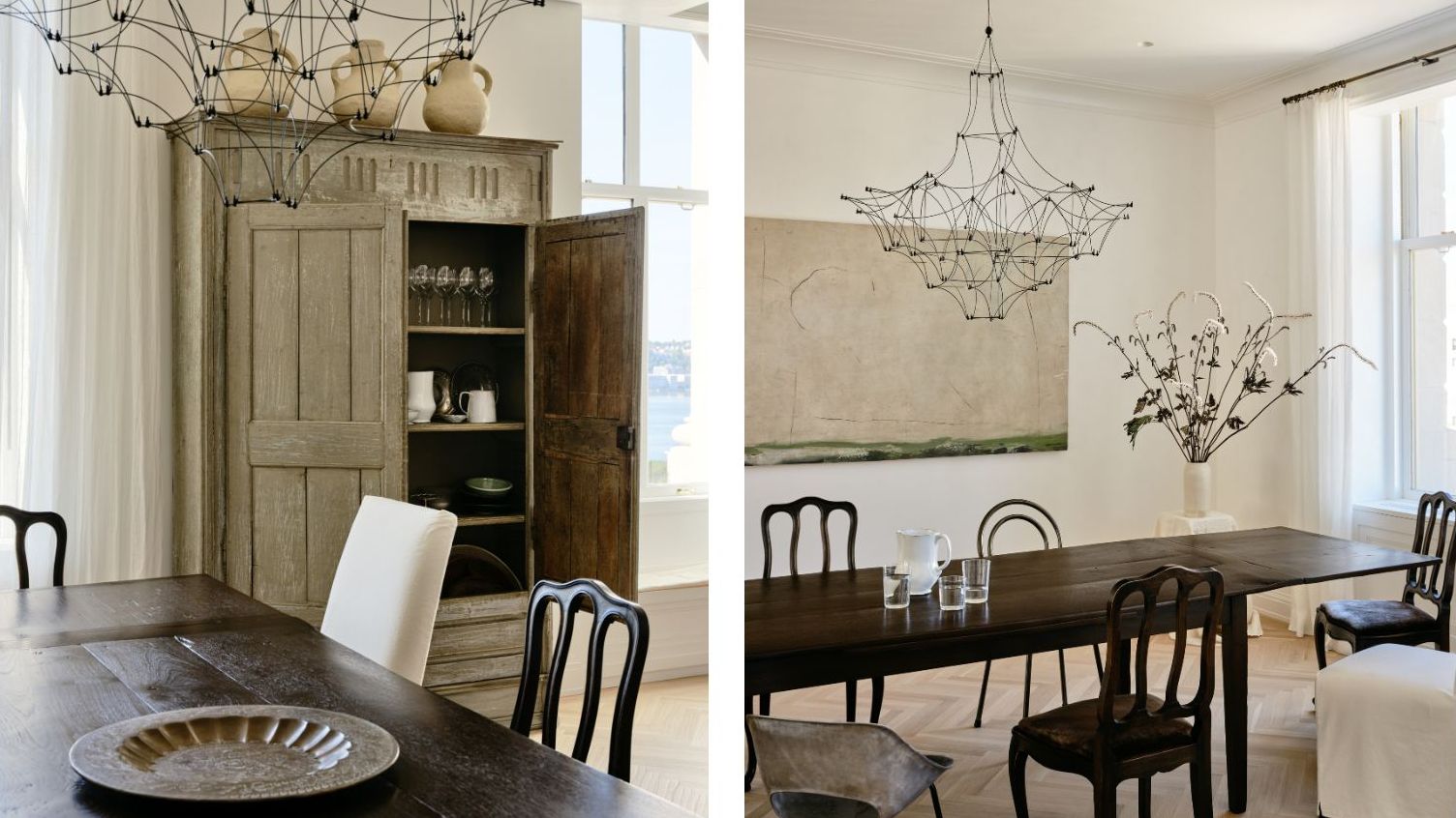 two pictures next to each other. On the left is a close up of a wood dining table surrounded by mis-matched chairs. On the right, the table from the other angle, showing more of the ceiling light