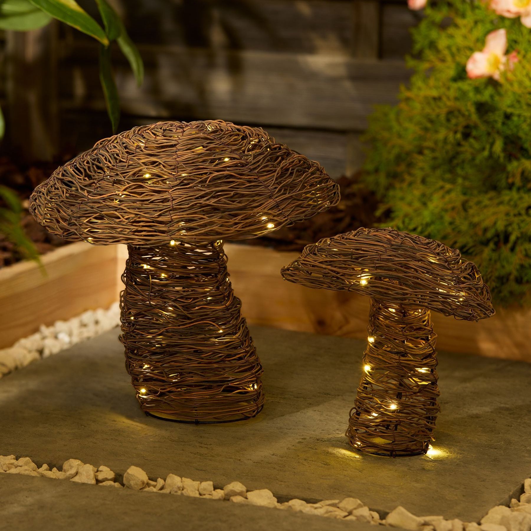 Set of 2 Natural Rattan Toadstools Outdoor Solar Light