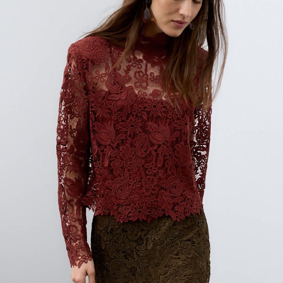 Lace High Neck Padded Shoulder Top