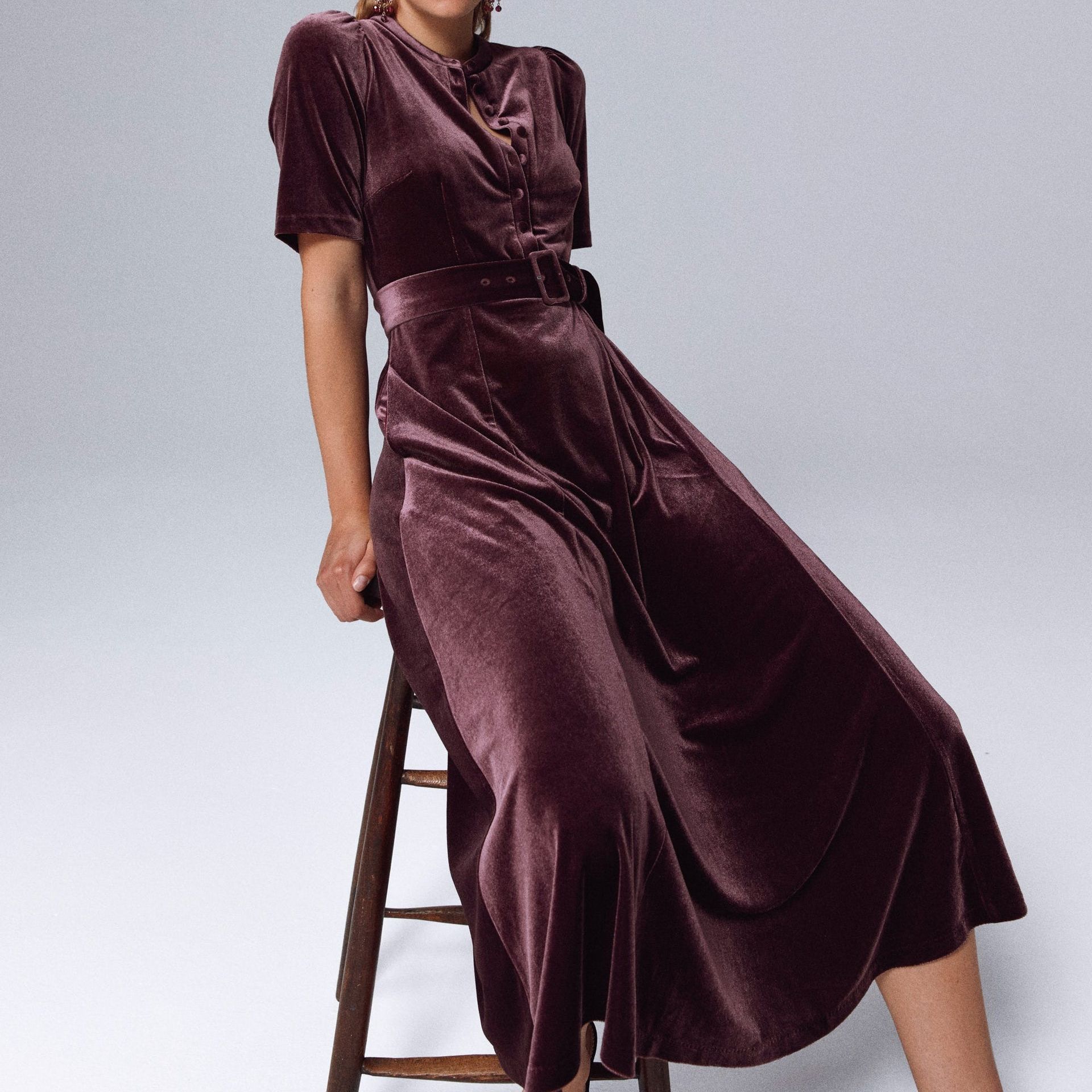 Kate Velvet Shirt Dress-Dark Cherry