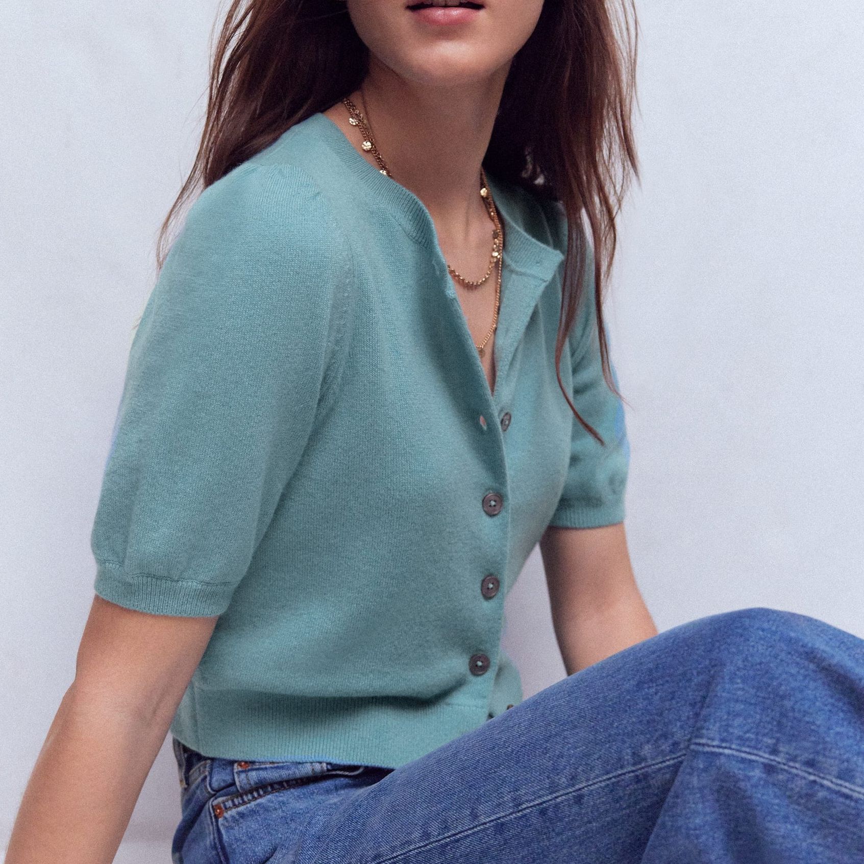 Cropped Cashmere Cardigan-Misty Blue