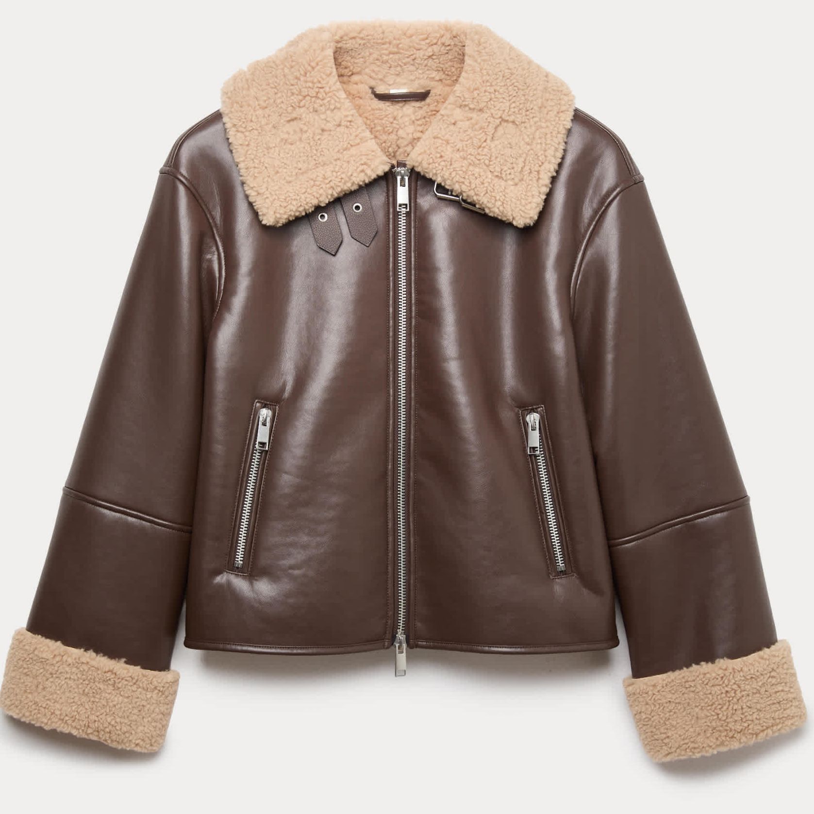 Faux Shearling Buckle Detail Aviator Jacket