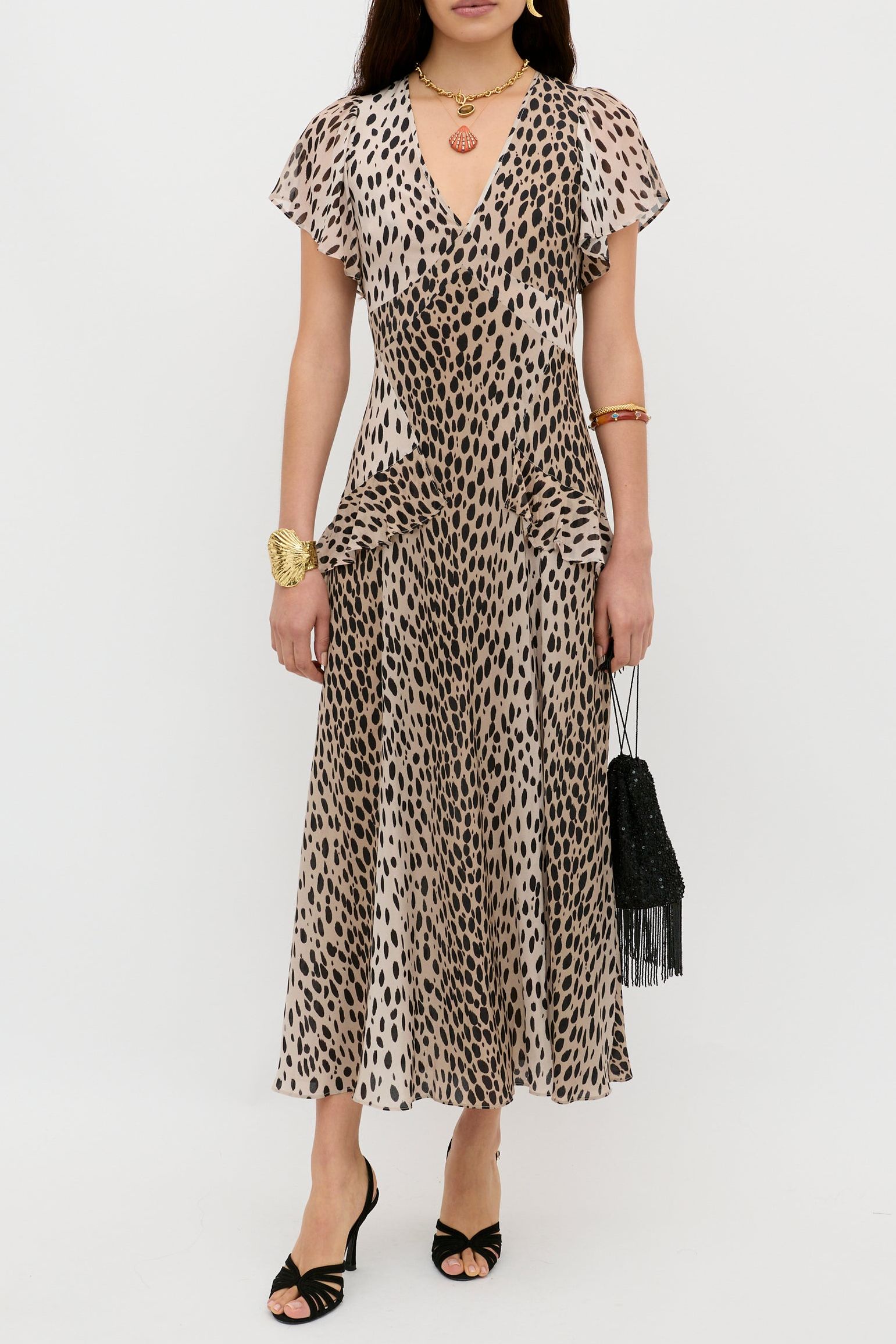Evie Silk Dress in Brown Antelope Spot Black