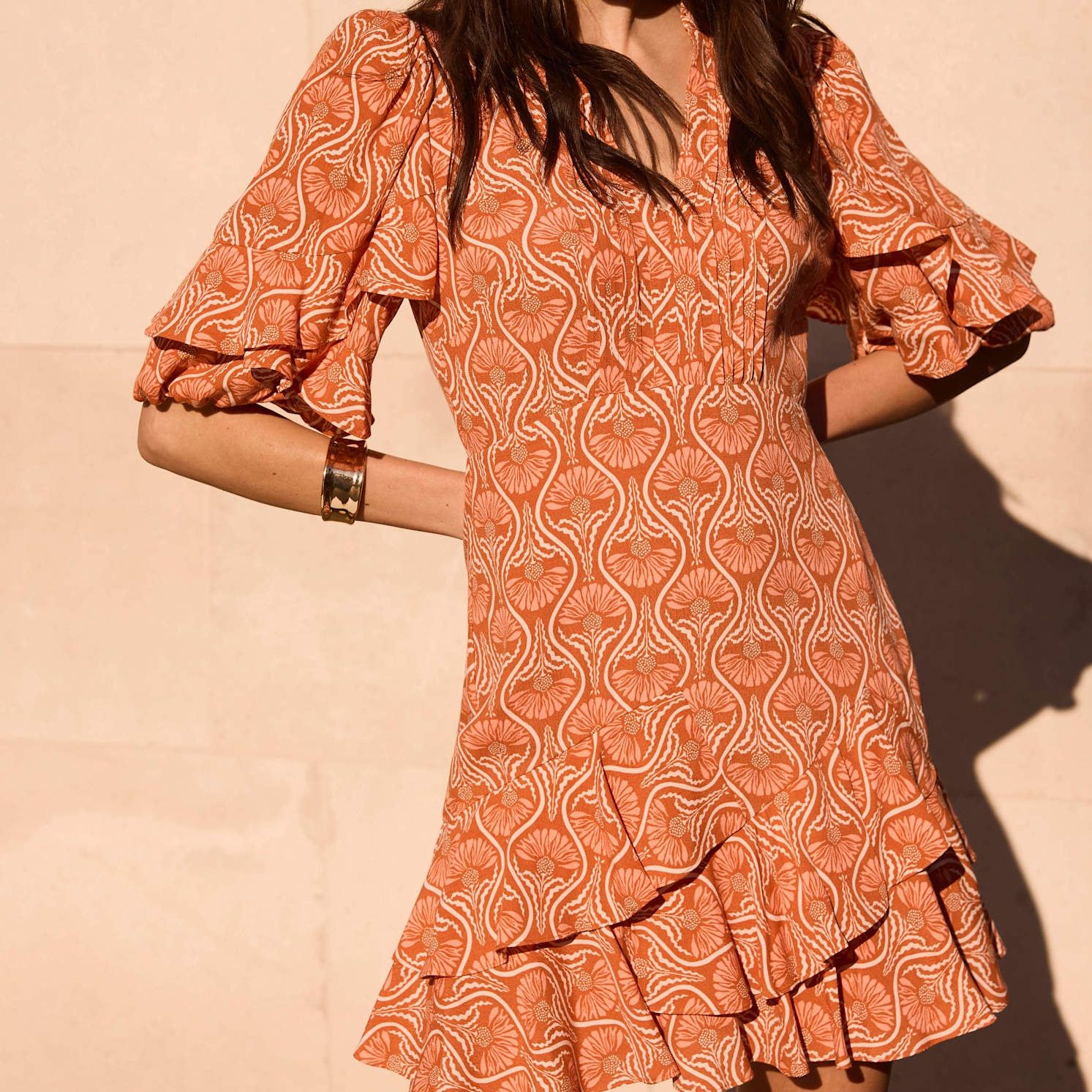 Orange Printed Ruffle Mini Dress